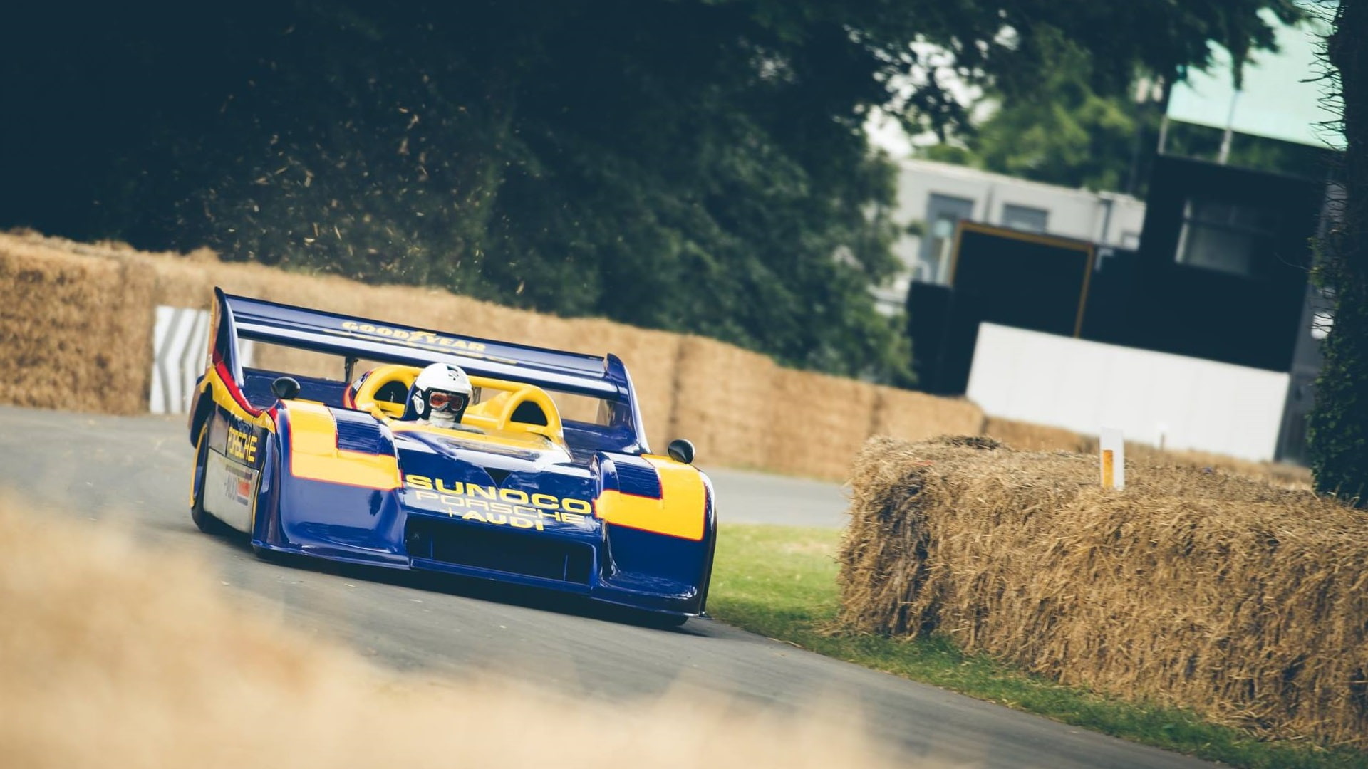yellow, motion, selective focus, Goodwood Festival of Speed, race cars, field, land, tree, no people, Porsche 917, grass, road, nature, 1080P, mode of transportation, HD Wallpaper