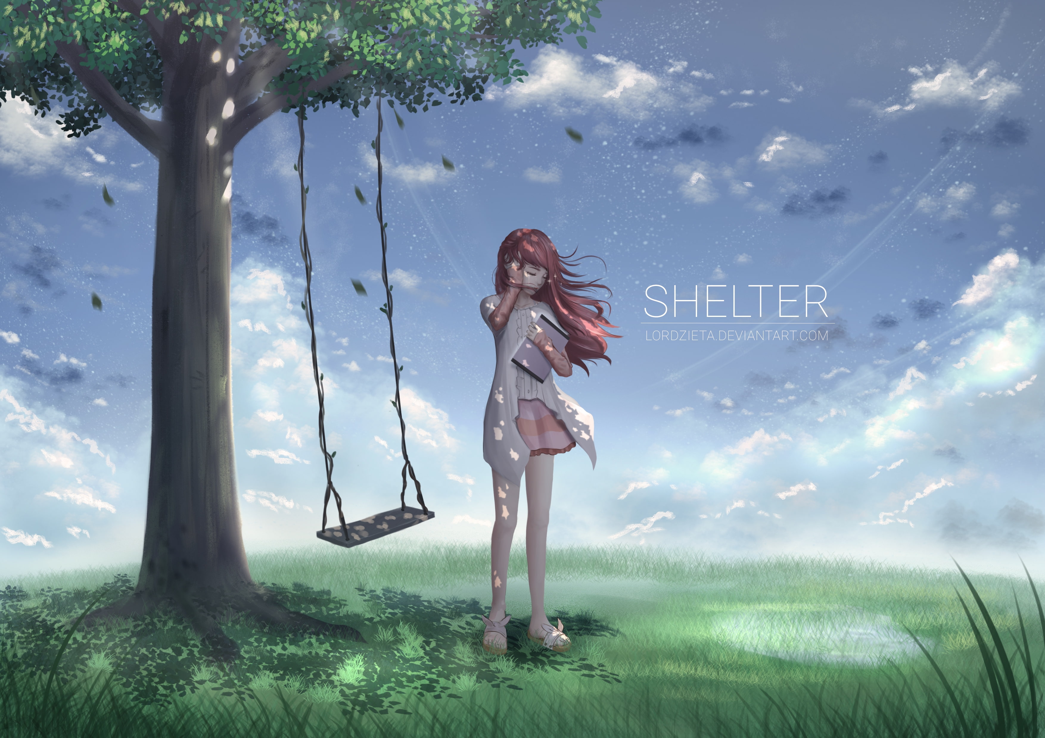 standing, young adult, swing, women, nature, beauty in nature, long hair, hairstyle, grass, wind, rin, young women, outdoors, one person, Anime, cloud - sky, HD Wallpaper