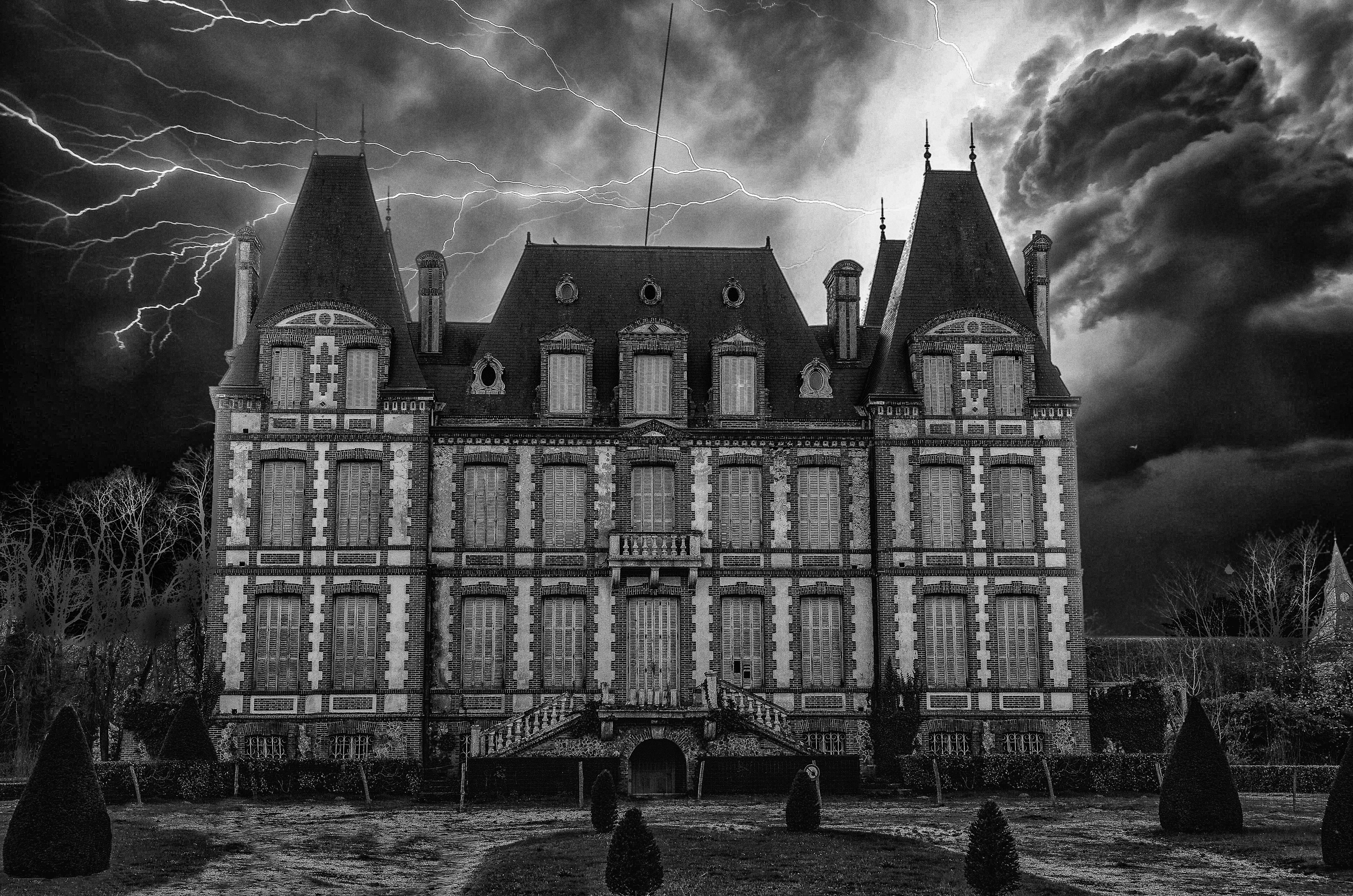 castle, old, storm, no people, plant, low angle view, clouds, place of worship, tragic, the past, gothic style, black and white, scary, 4K, tree, architecture, HD Wallpaper
