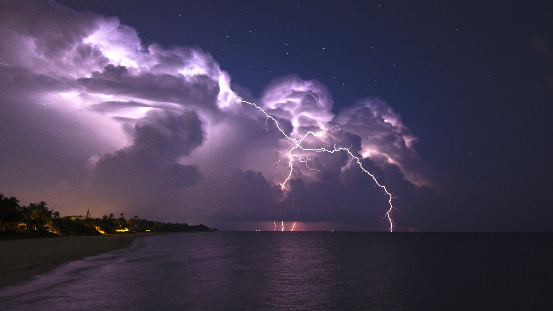 lightning, 1080P, beach, evening, sand, lights, coast, landscape, nature, tropical, stars, sea, clouds, storm, horizon, palm trees, HD Wallpaper