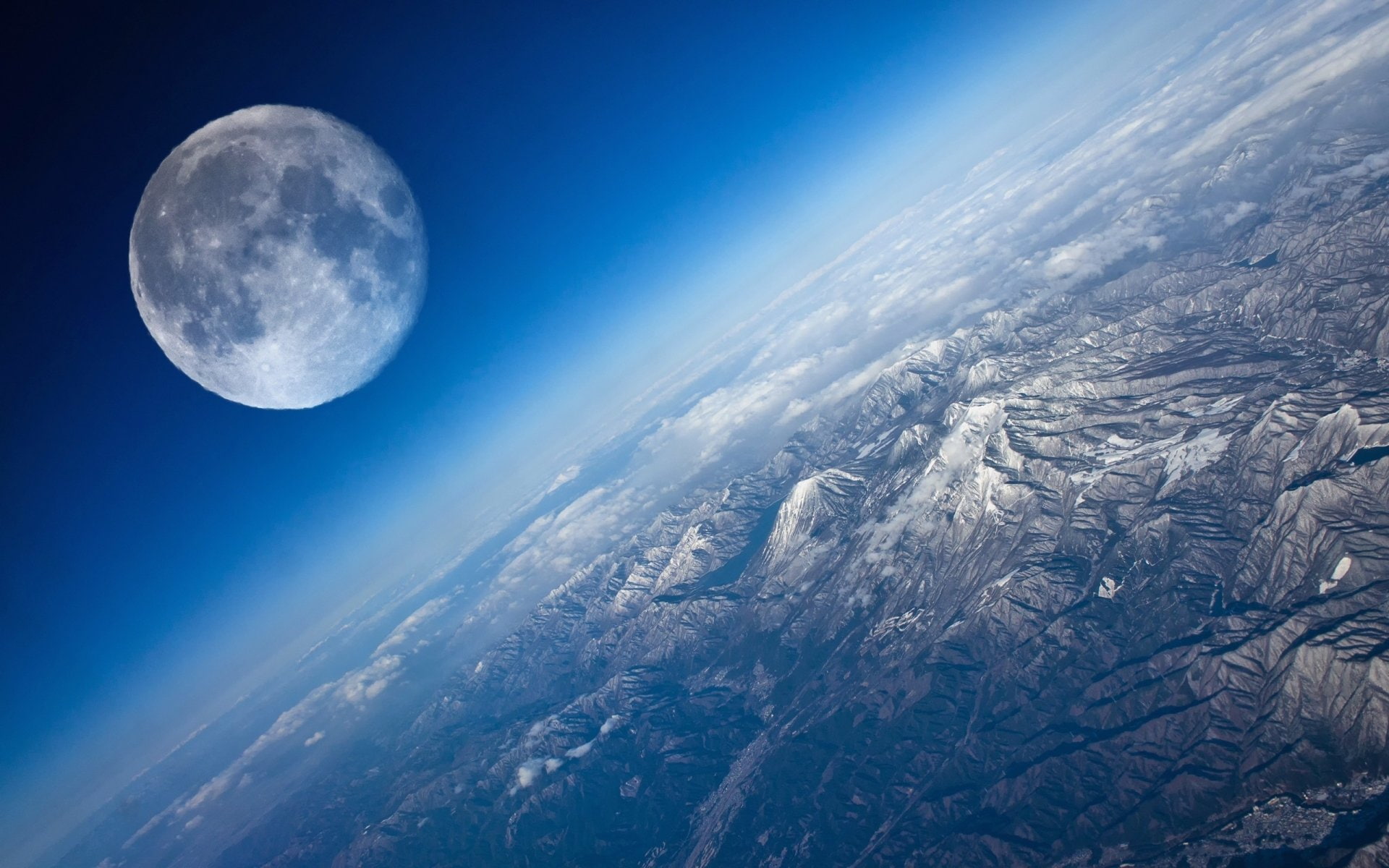 planet - space, Moon, Earth, mountain, cloud - sky, outdoors, sky, aerial view, no people, astronomy, space, full moon, beauty in nature, 1080P, landscape, HD Wallpaper