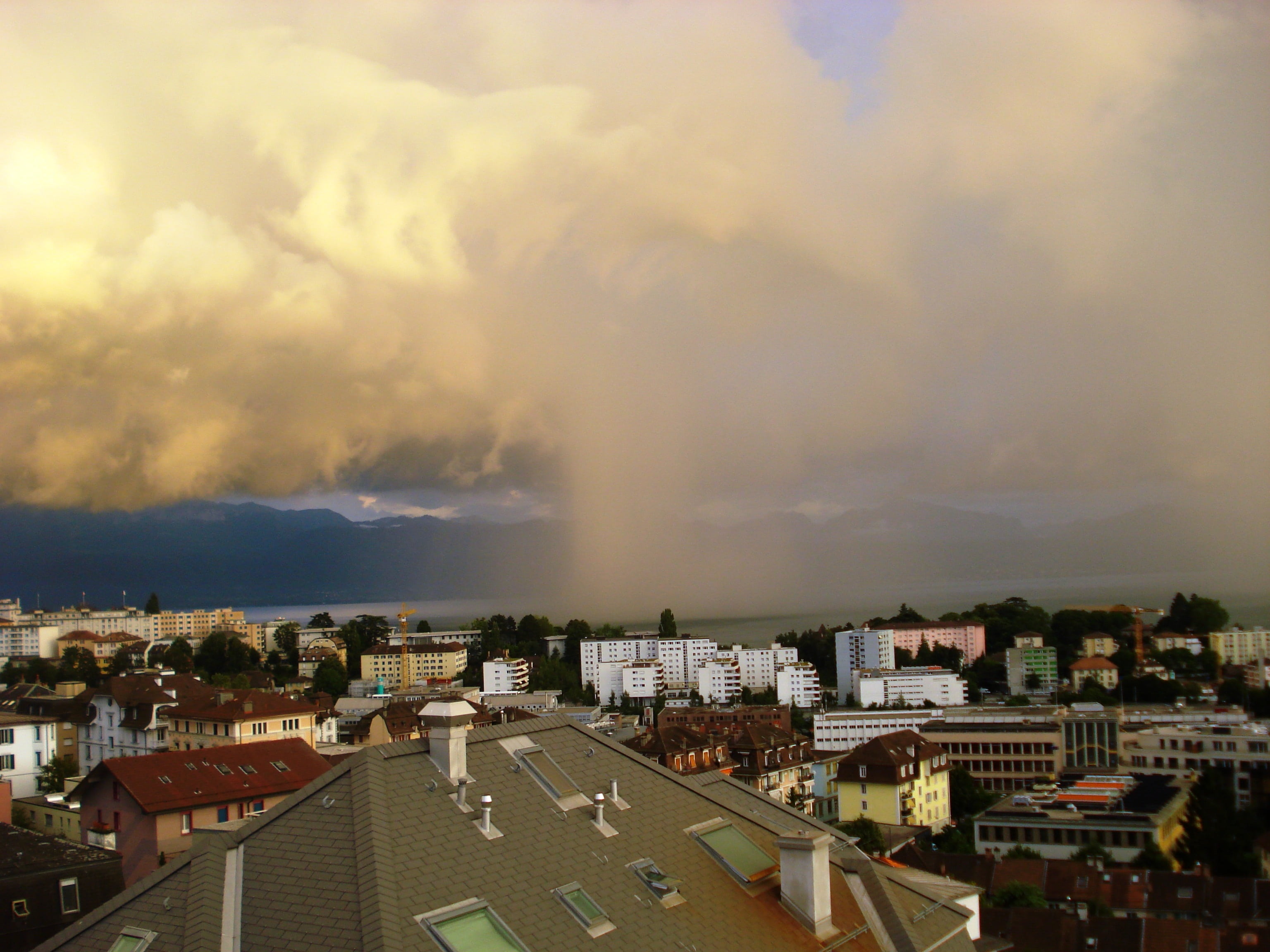 dramatic sky, no people, storm, lausanne, nature, environment, roof, architecture, 2K, high angle view, outdoors, rain, city, switzerland, residential district, HD Wallpaper