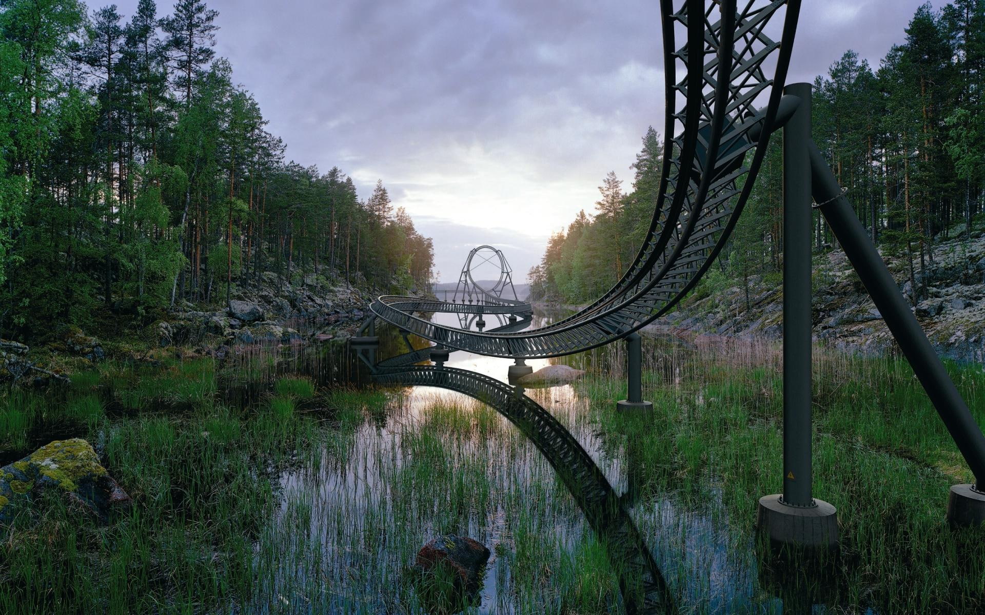 nature and landscapes, 1080P, coaster, grass, roller, lake, trees, roller coaster, amusement park, wonderful, HD Wallpaper