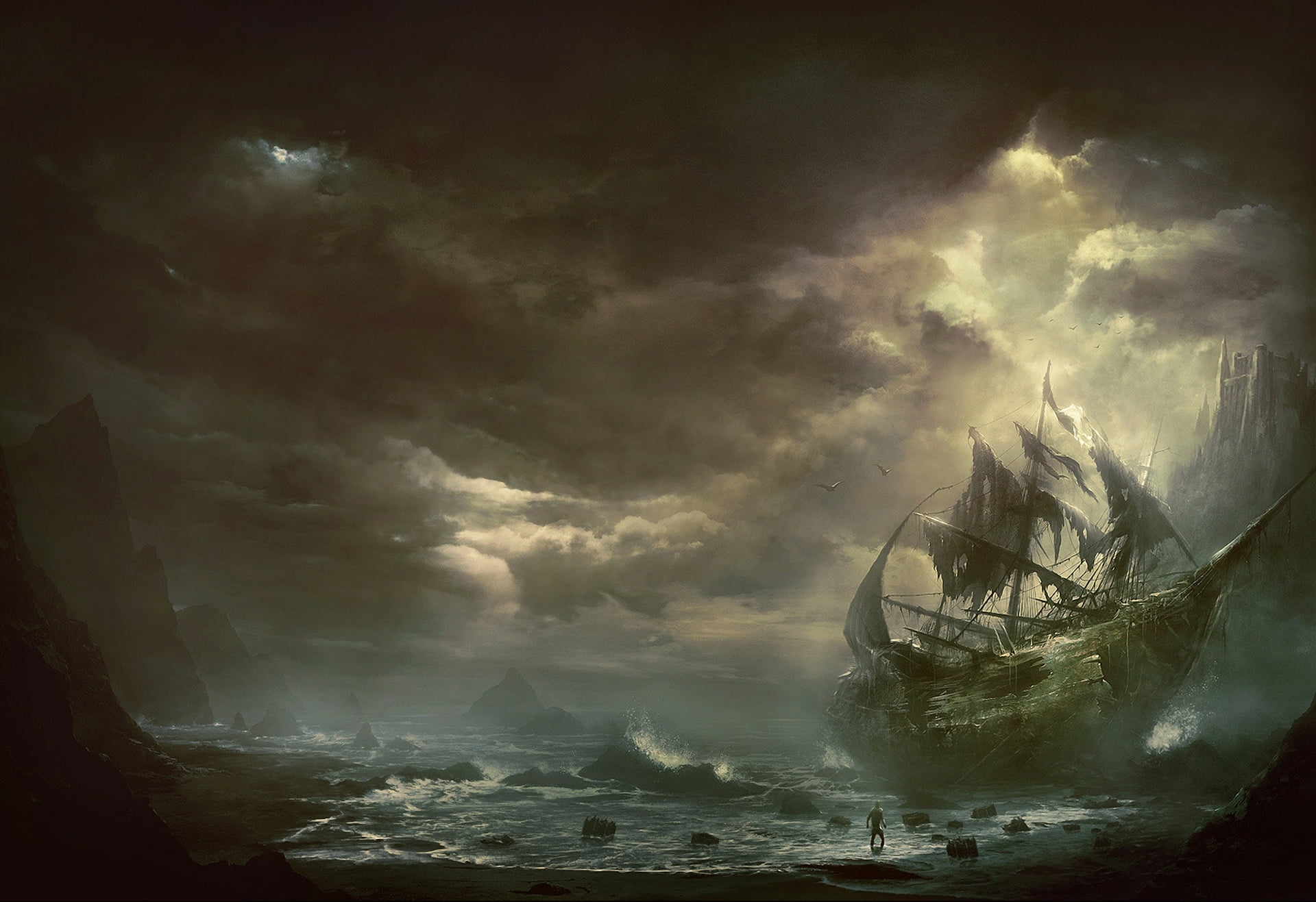 Kentaro Kana Moto, weather, brown, natural Disaster, thunderstorm, clouds, shipwreck, outdoors, land, rock - Object, breaking, moody Sky, wind, rough, 1080P, HD Wallpaper