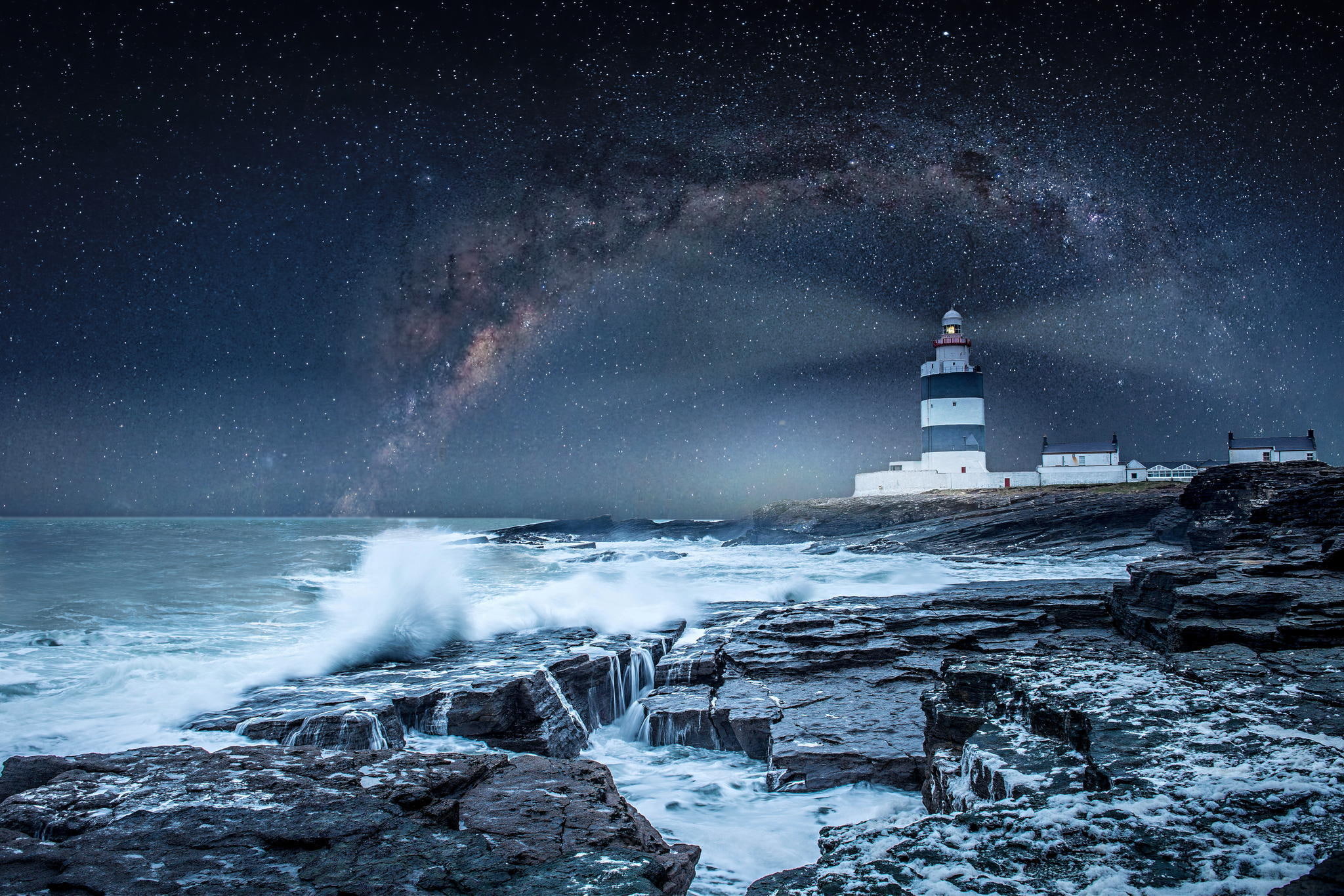 winter, shore, blue, wind, tower, water, snow, nature, light - Natural Phenomenon, space, the sky, Ireland, famous Place, motion, scenics - nature, hurricane - Storm, HD Wallpaper