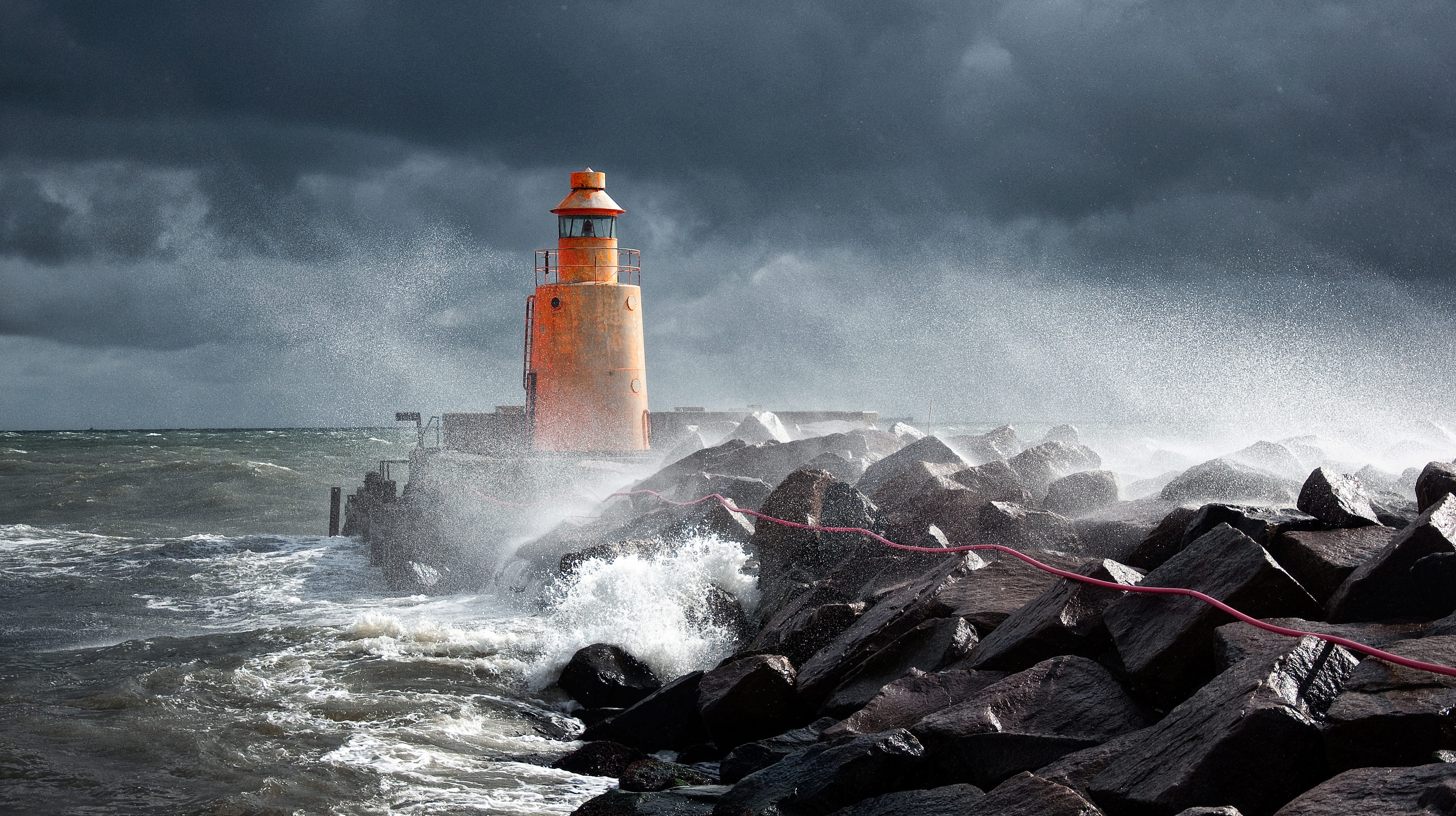 waves, hitting, storm, cloud - Sky, power, photo, beacon, built structure, water, outdoors, coastline, orange, rock, sea, wind, breaking, warning Sign, HD Wallpaper