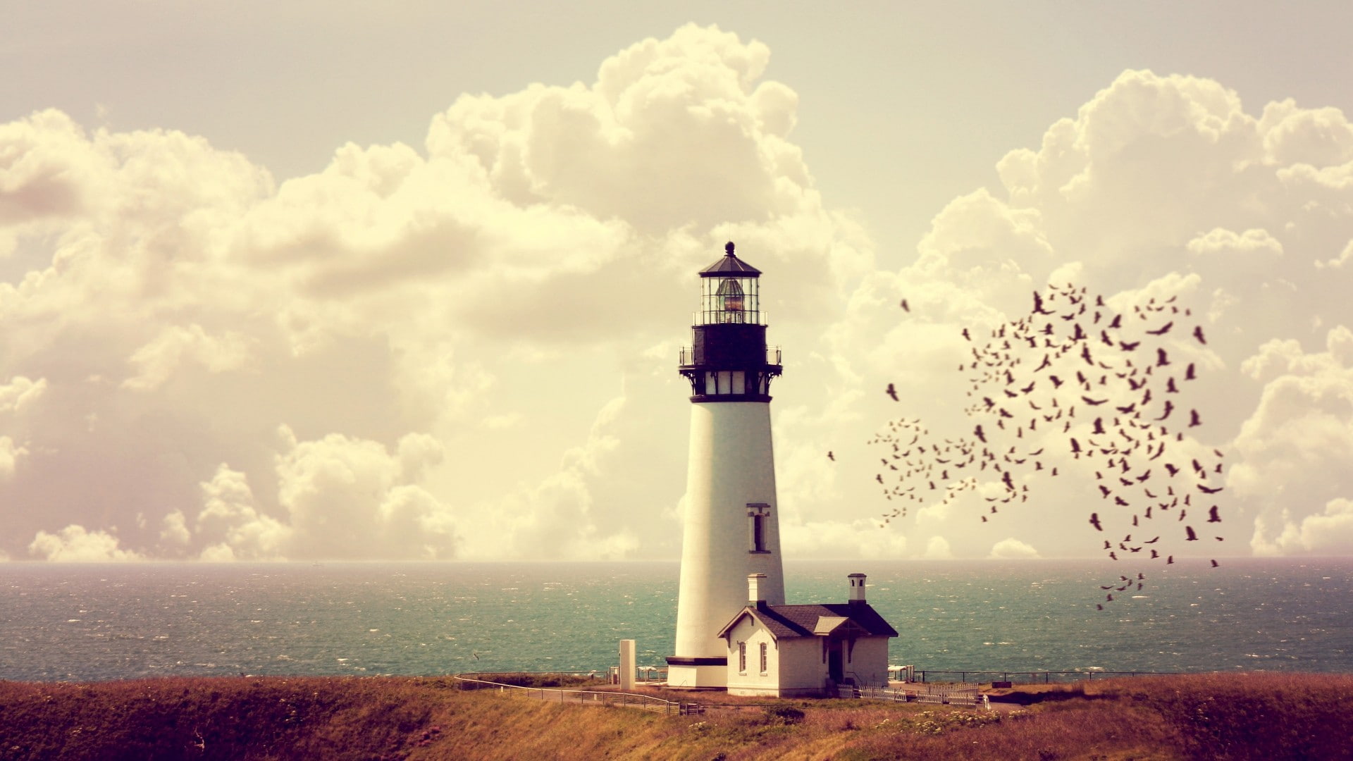 horizon, blurred, clouds, landscape, lighthouse, birds, photo manipulation, architecture, nature, house, sea, building, 1080P, hills, fence, HD Wallpaper