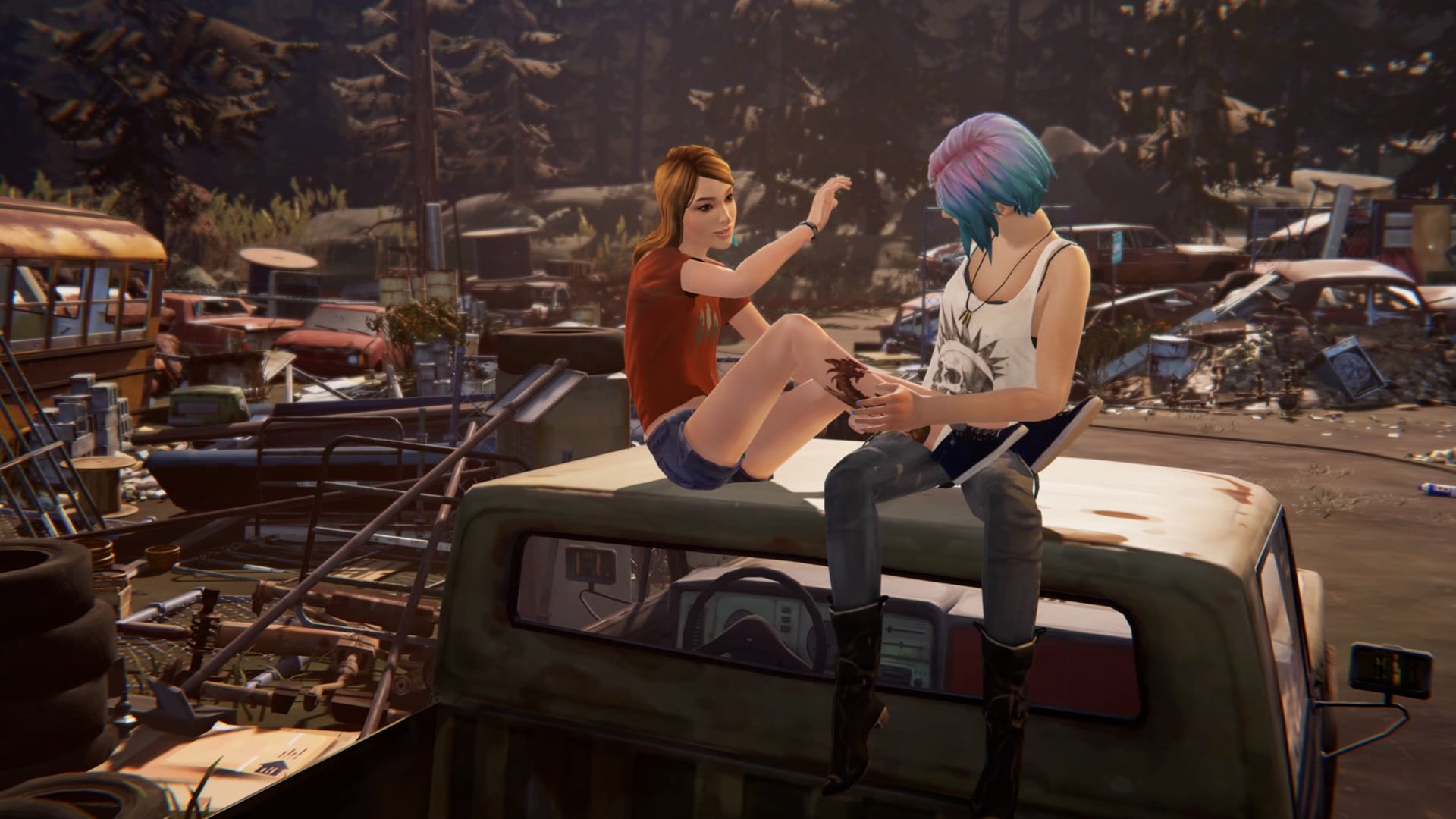 necklace, tank top, sneakers, Chloe Price, smiling, skull, emo, tattoo, Arcadia Bay, pink hair, 1080P, Rachel Amber, high heeled boots, black bras, skinny jeans, HD Wallpaper
