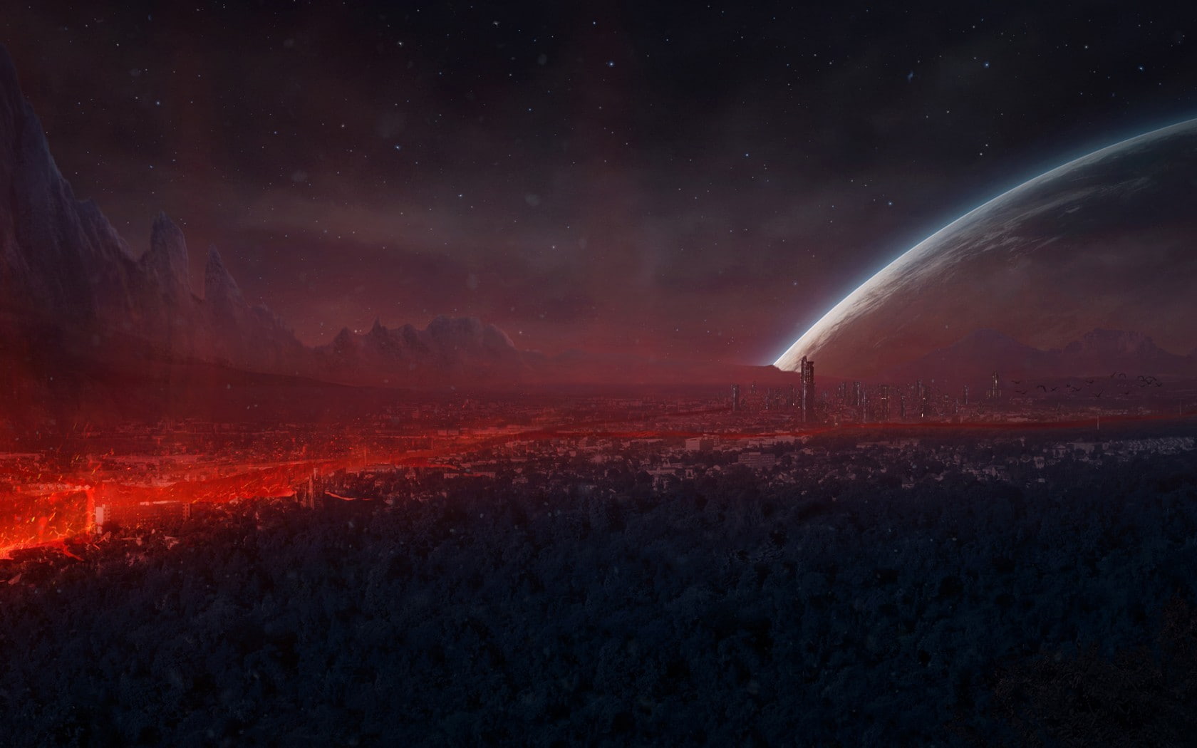 stars, cities, sky, 720P, alien, landscape, city, futuristic, planets, planet, HD Wallpaper