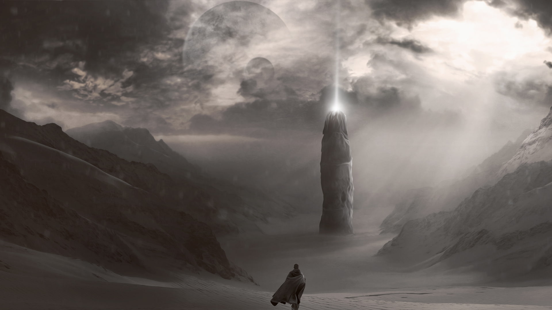tower, hd, light, alien, 1080P, person, fantasy, landscape, HD Wallpaper