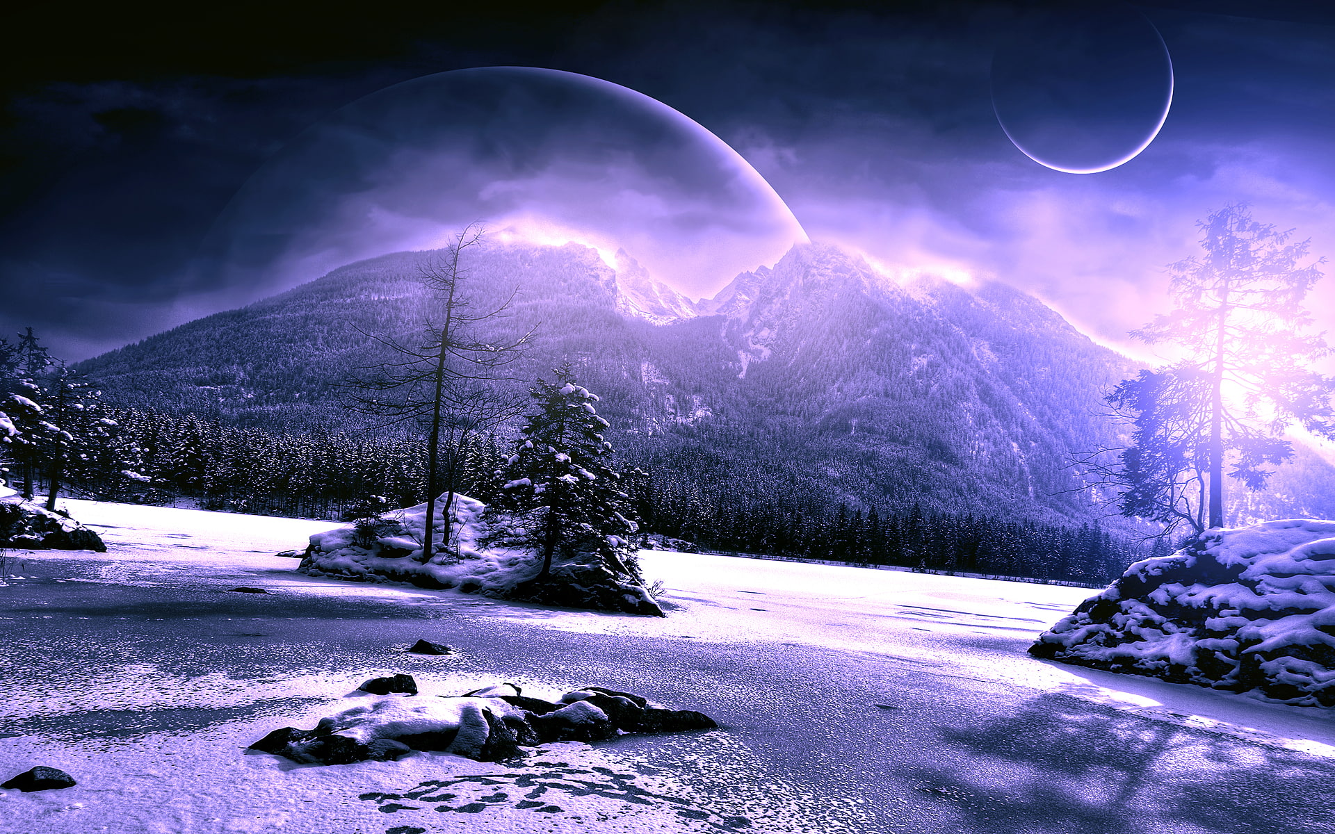 1080P, purple, snow, hd, alien, mountains, winter, trees, planets, fantasy, landscape, HD Wallpaper