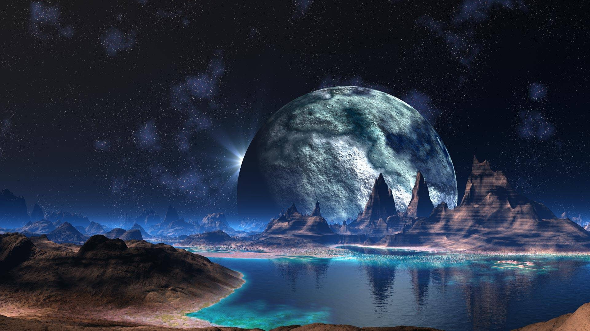 fantasy, cg, lake, alien, hd, landscape, stars, planet, 1080P, HD Wallpaper
