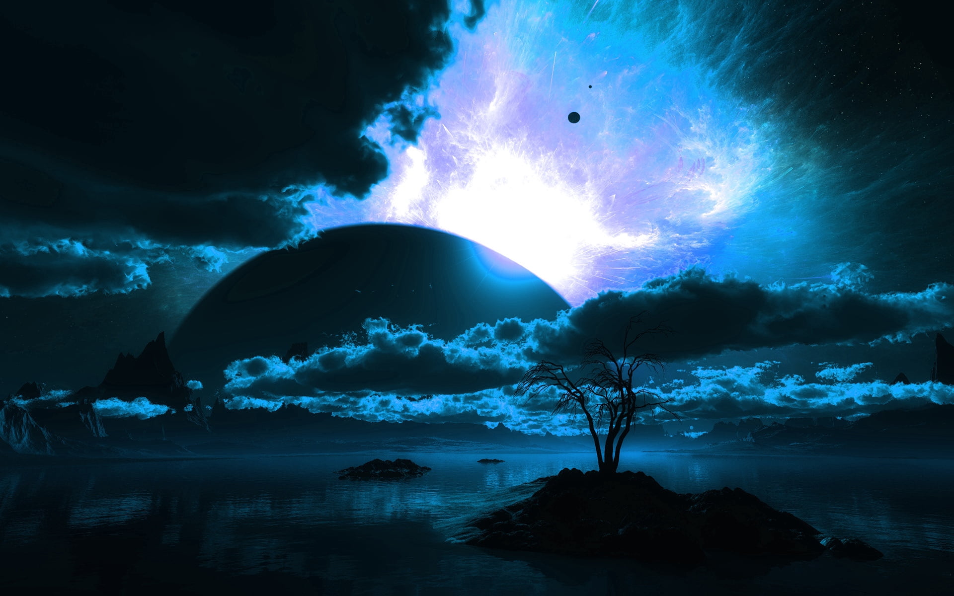 planet, cloudscape, rock, fantasy, horror, astronomy, land, water, tranquility, uFO, tree, horizon, night, star - Space, 1080P, dark, moonlight, planetary Moon, HD Wallpaper
