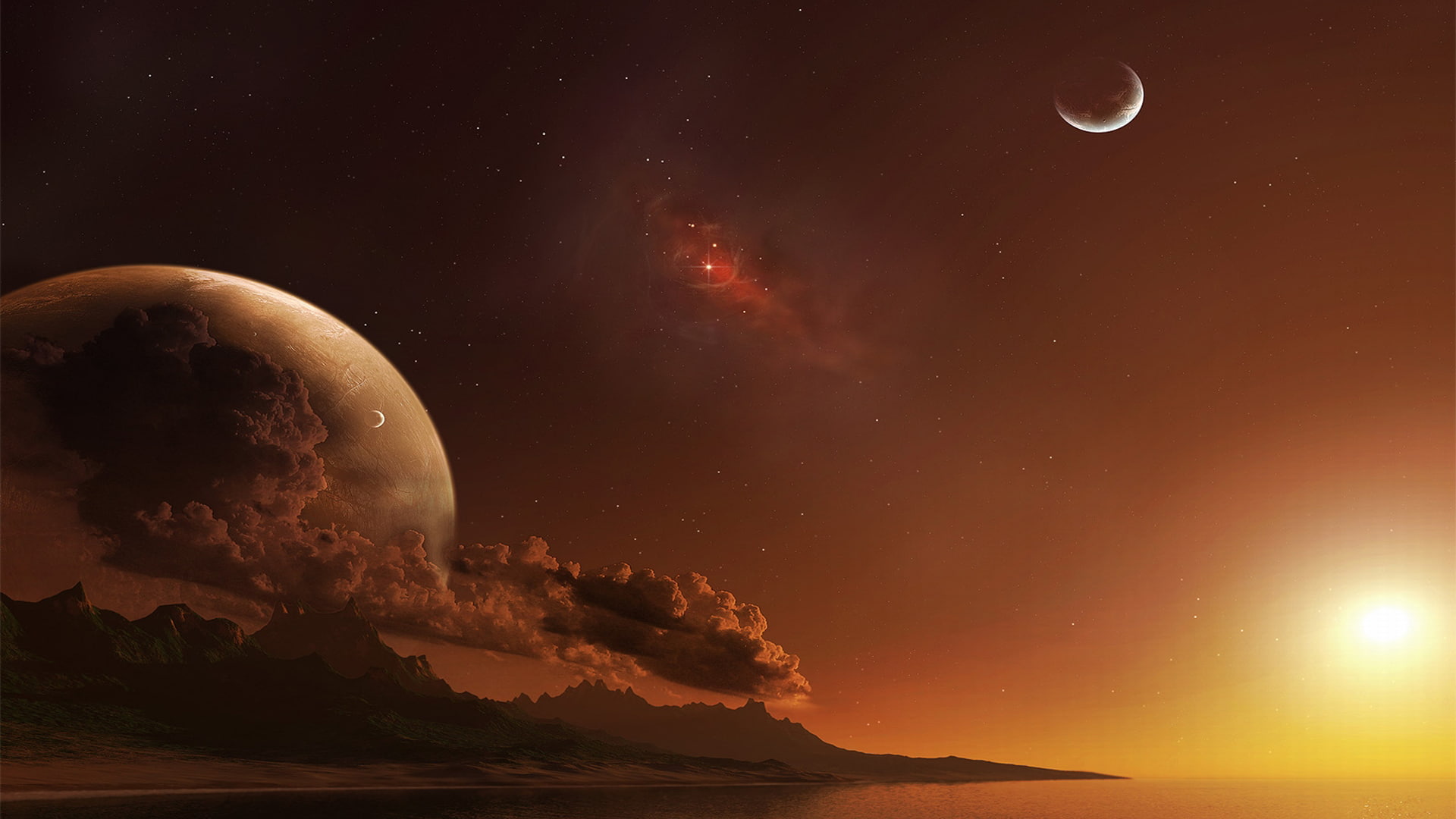 clouds, sunlight, alien, 1080P, planet, stars, landscape, hd, fantasy, HD Wallpaper