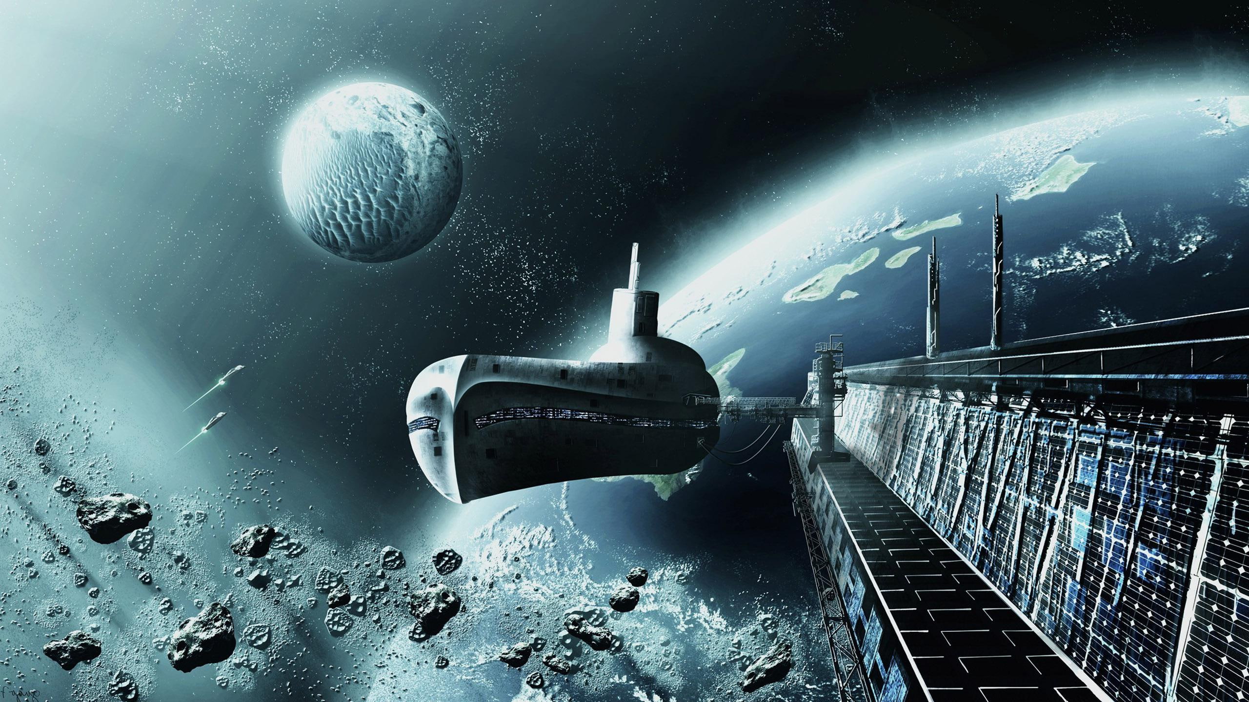 illustration, satellite, moon, 2560x1440, spaceship, submarine, fantasy, like, earth, 2K, HD Wallpaper