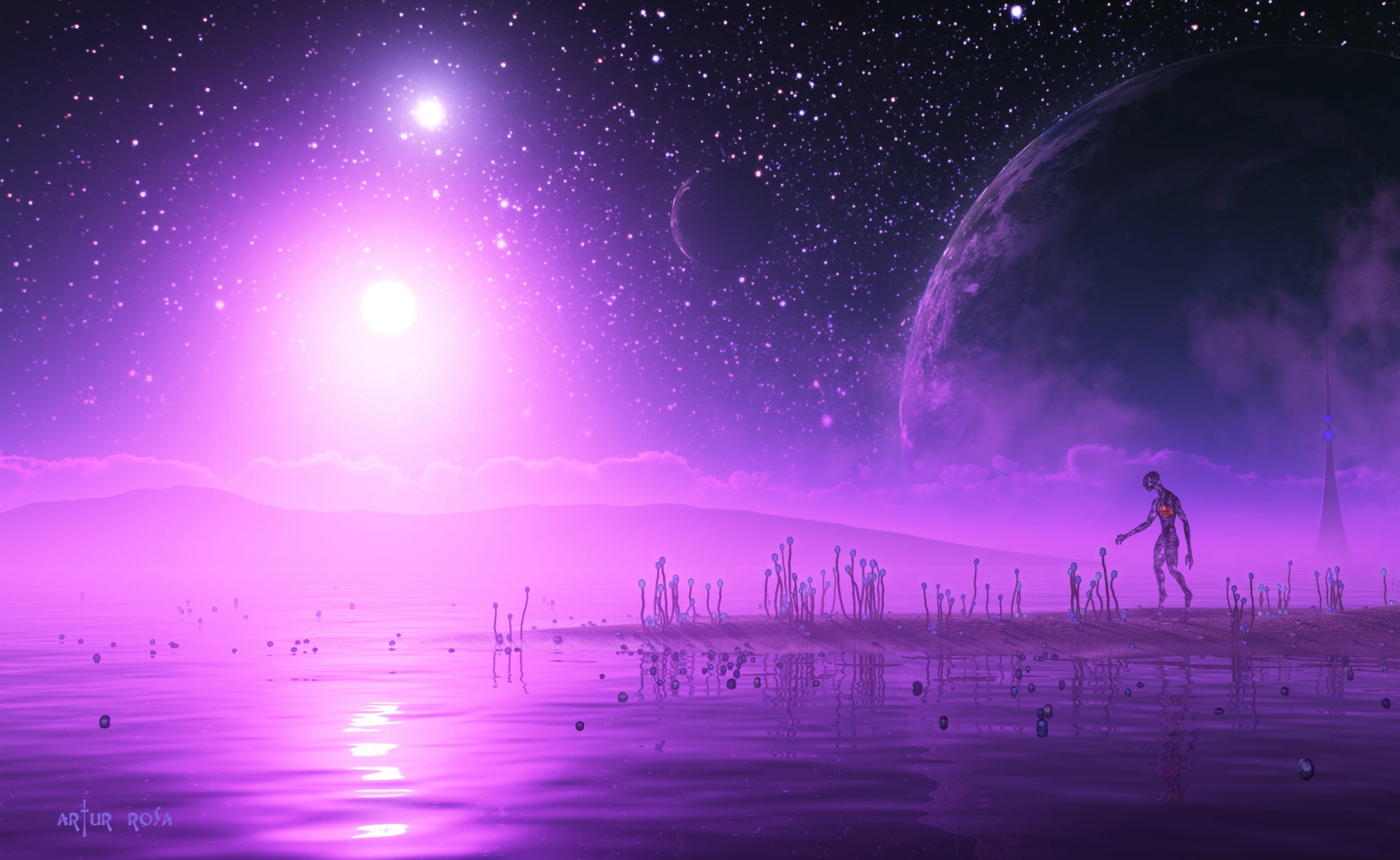 people, walking, Purple, environment, night, 3D, space, scenics - nature, digital composite, star - space, men, full length, Univers, sky, Artistic, HD Wallpaper