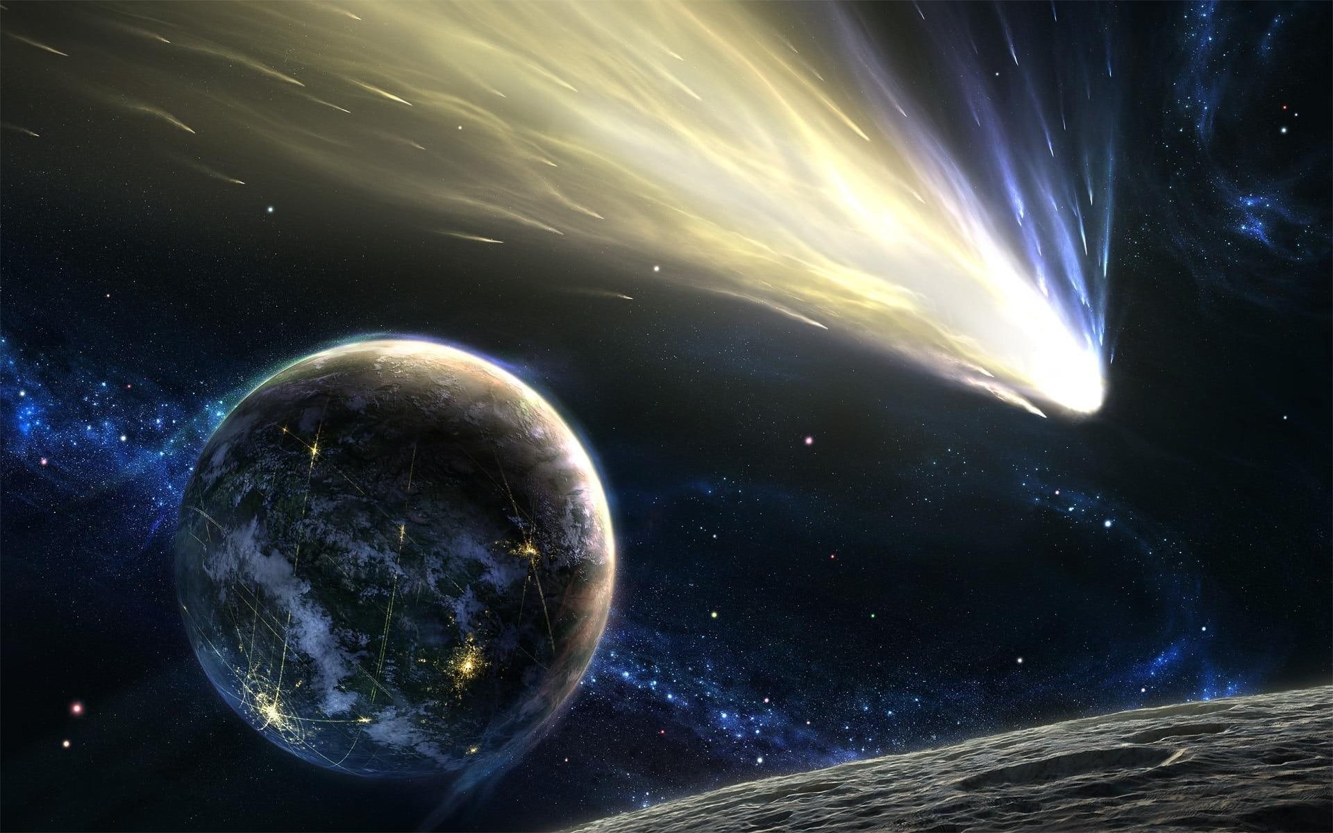 planet, light, space, earth, 1080P, moon, luna, asteroid, univers, blue, star, black, nature and landscap, HD Wallpaper