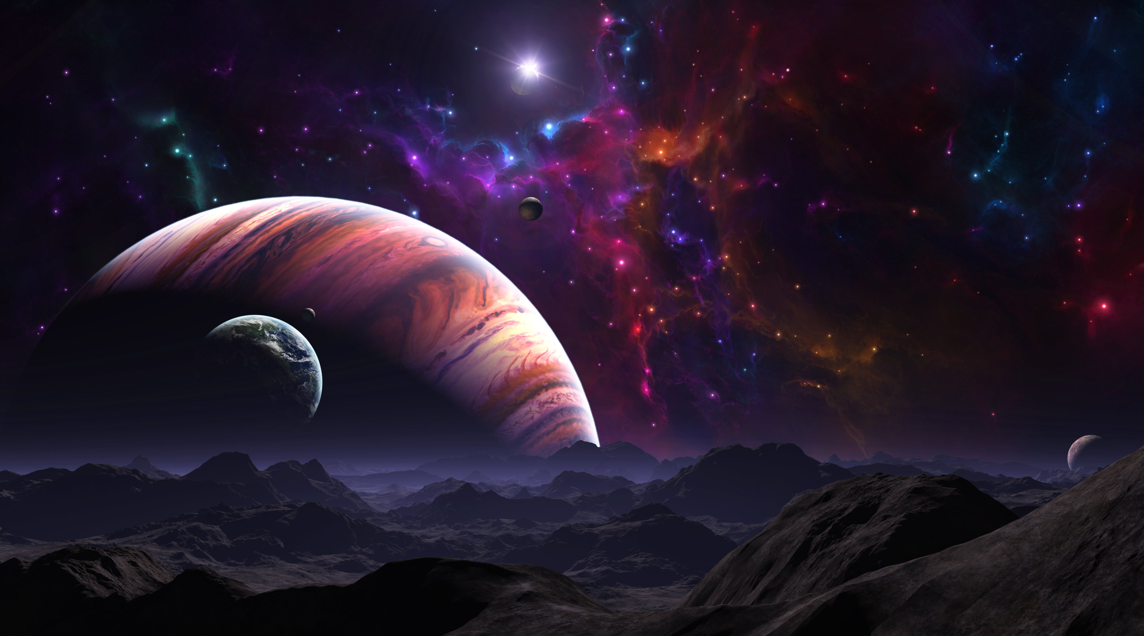 surface, planet, dark, purple, beauty in nature, non-urban scene, multi colored, landscape, mountains, mountain range, blue, sea, light - Natural Phenomenon, HD Wallpaper
