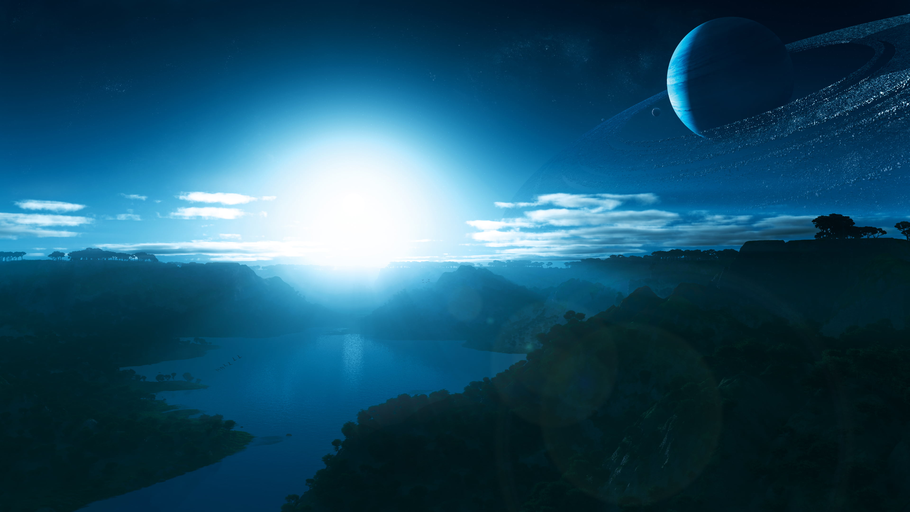 beauty in nature, silhouette, sunbeam, outdoors, astronomy, the sky, gas giant, surface, mountain, ring, sunrise, morning, nature, lens flare, the atmosphere, HD Wallpaper