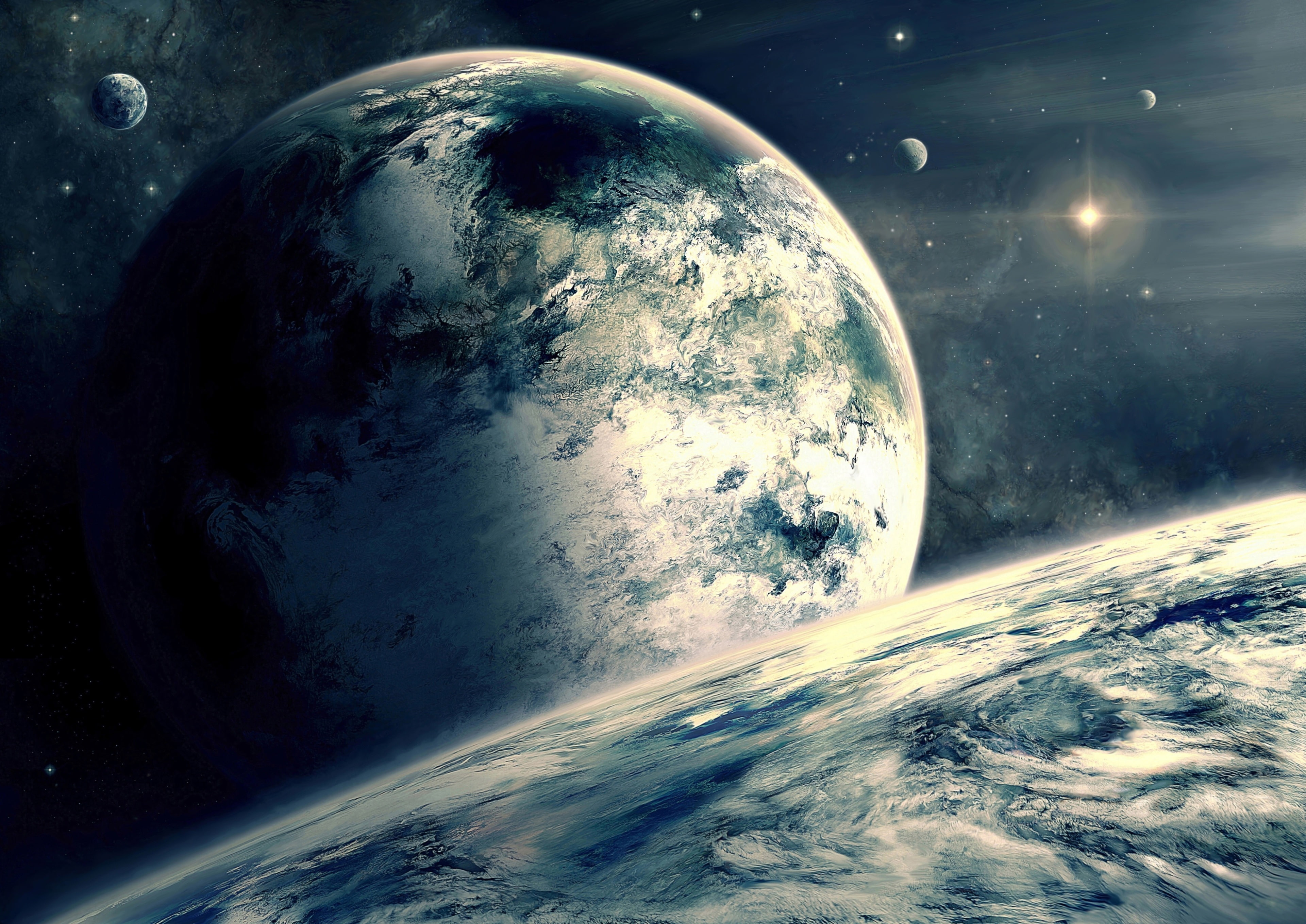 meteorology, star - space, space, sky, outdoors, cloud - sky, moon, nature, digital composite, night, planet earth, 4K, science, planetary moon, globe - man made object, HD Wallpaper
