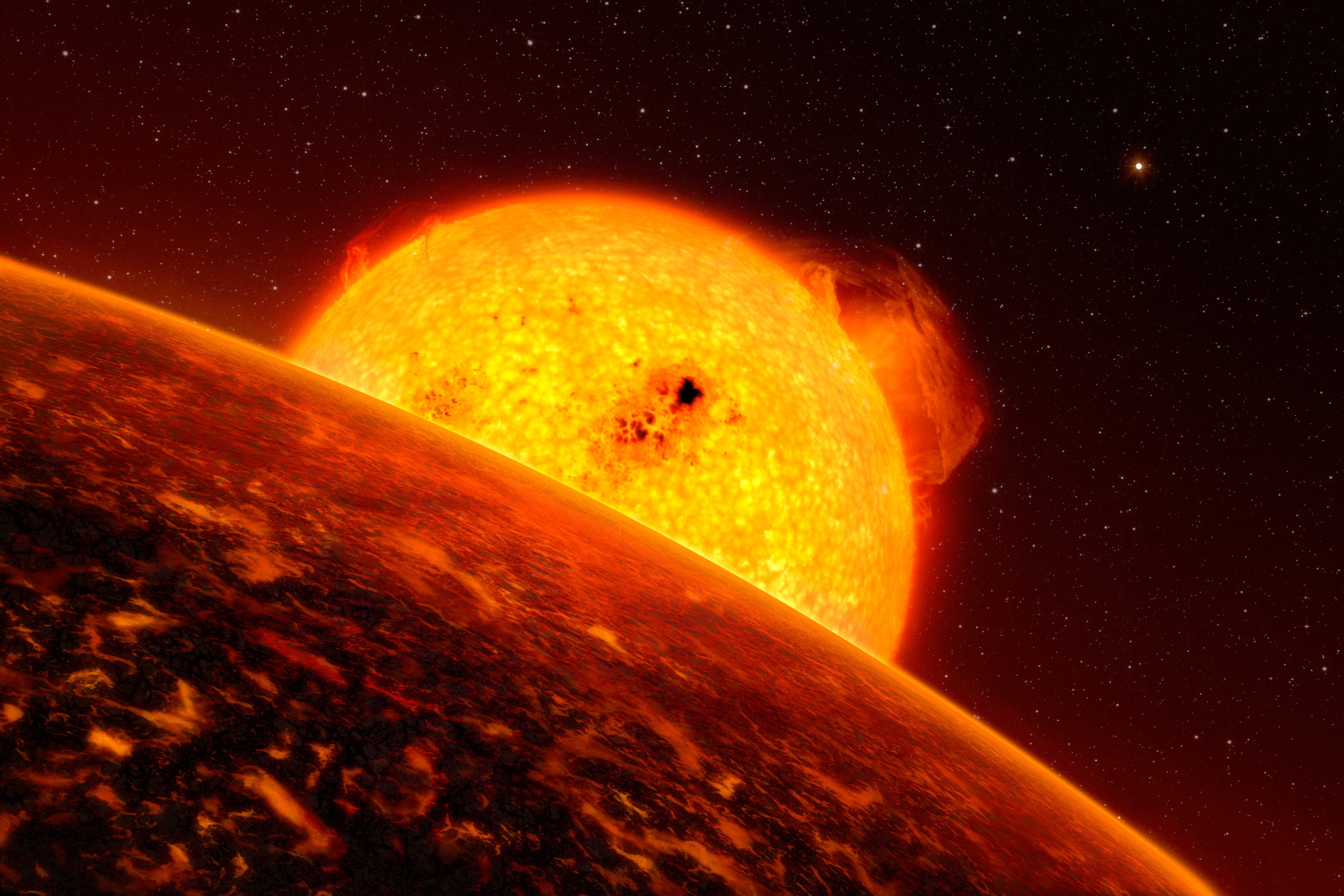 2K, astronomy, beauty in nature, exoplanet, lava, geology, outdoors, star, space, environment, planet - space, solar flare, volcano, heat - temperature, HD Wallpaper