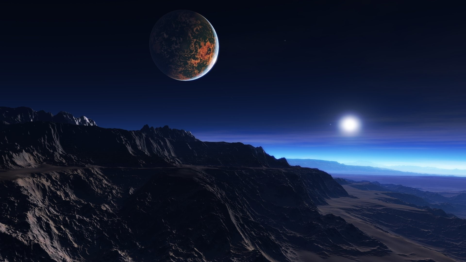 beauty in nature, sky, dark blue, astronomy, night, no people, nature, Mist, tranquility, star - space, planet - space, moon surface, landscape, mountain range, HD Wallpaper