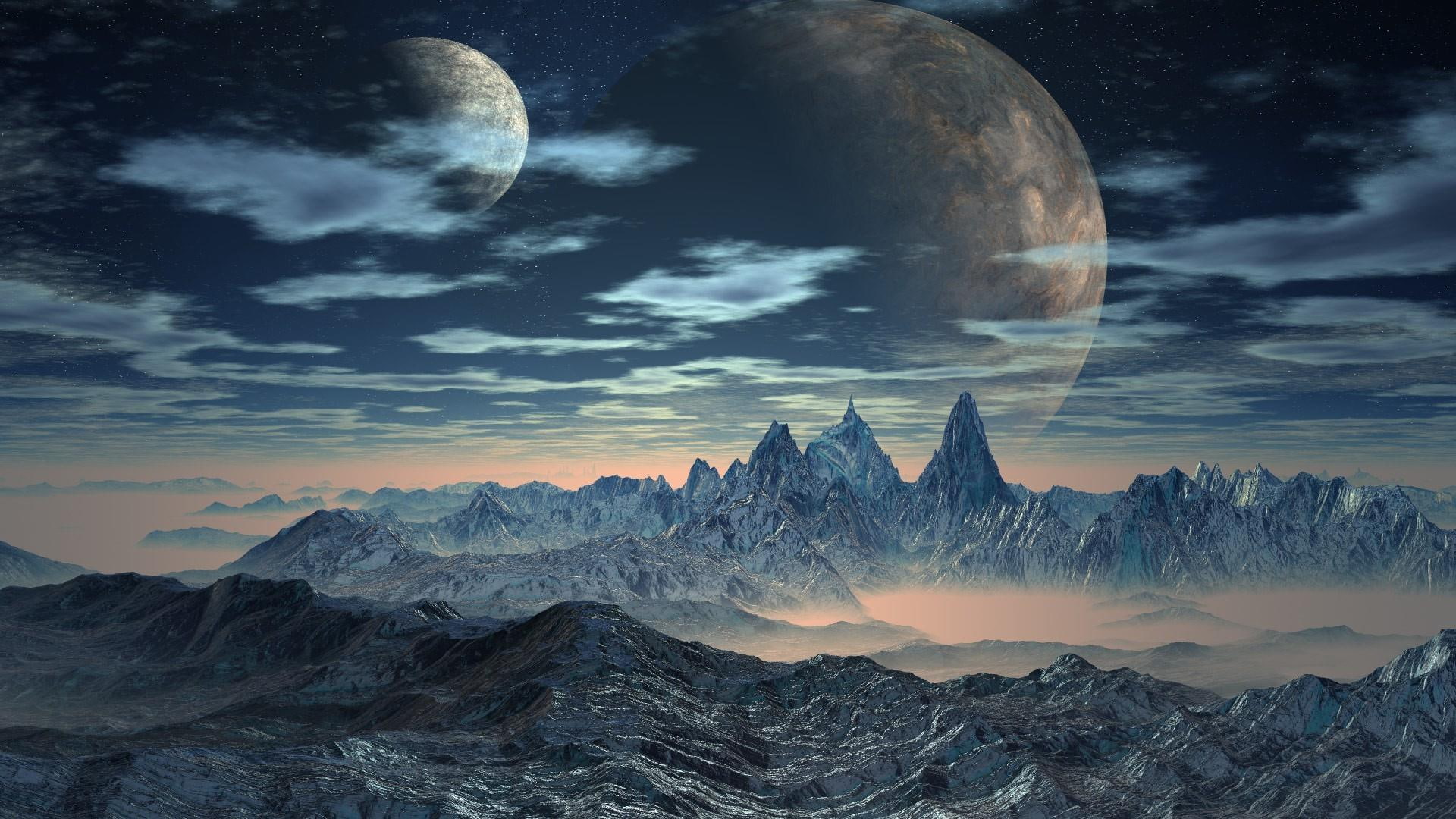 space art, nature, moon, moons, mountain, sky, 1080P, planet, astronomical object, mountain range, universe, fantasy art, outer space, HD Wallpaper