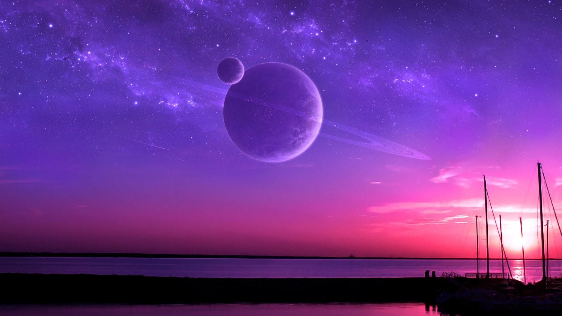 outdoors, horizon, horizon over water, purple, tranquil scene, nature, nautical vessel, space, moon, universe, scenics - nature, beauty in nature, sea, HD Wallpaper
