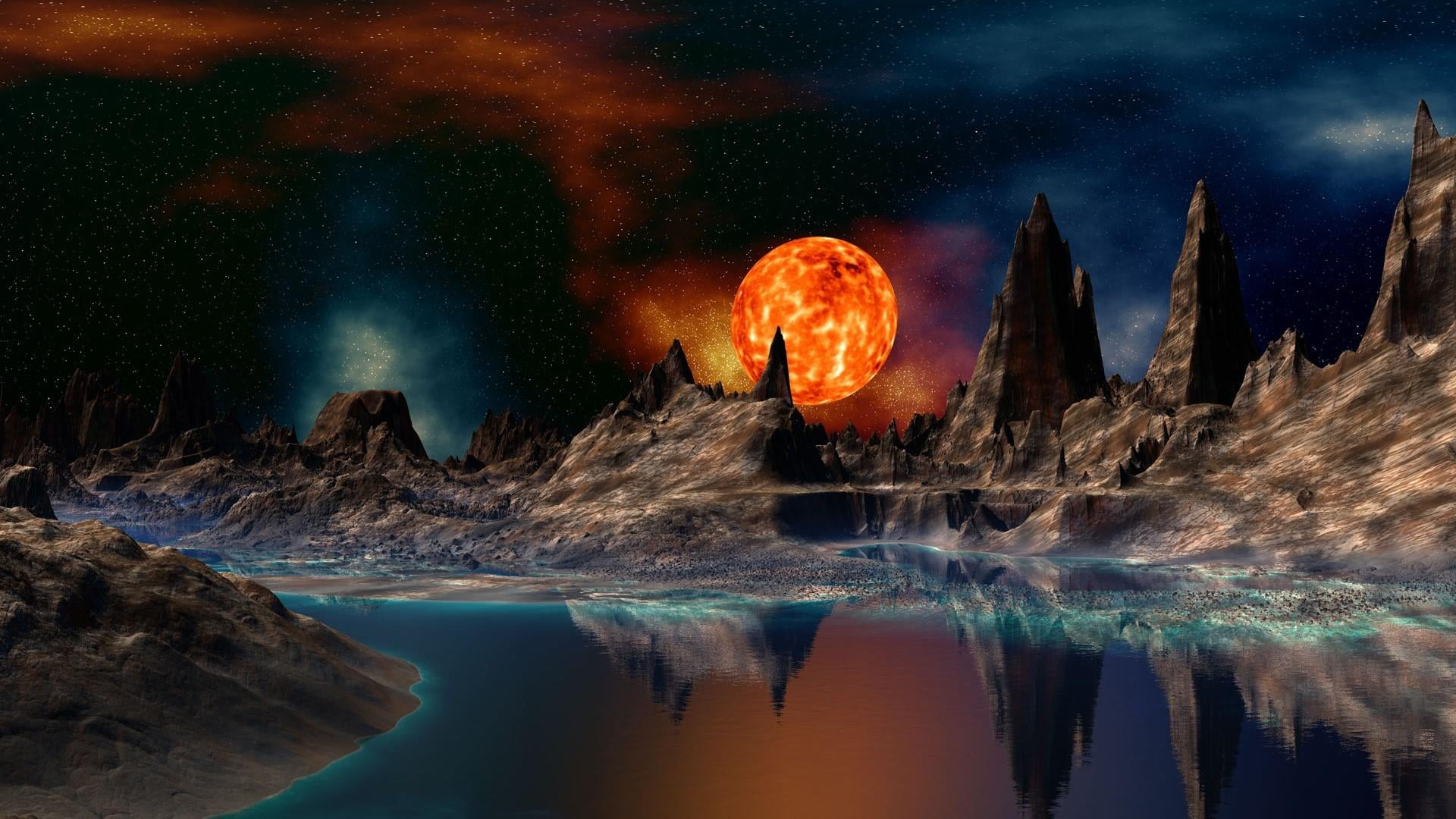 night, rock, orange color, solid, idyllic, peaks, illuminated, planet, darkness, beauty in nature, astronomical object, space, tranquility, scenics - nature, HD Wallpaper