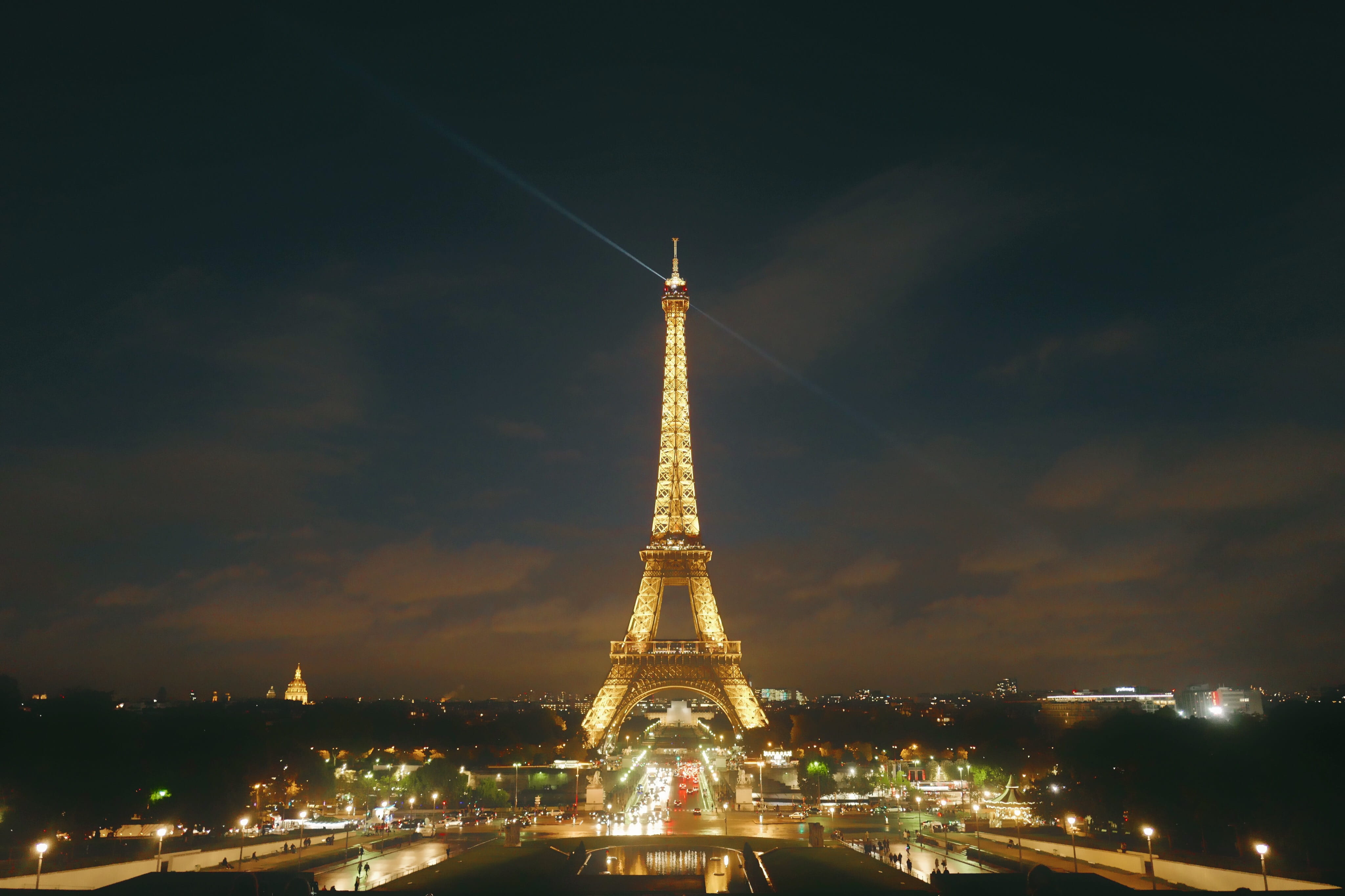 city life, outdoors, tower, illuminated, skyscraper, Eiffel Tower, no people, tall - high, nigh, architecture, cloud - sky, cityscape, time, travel, city, HD Wallpaper