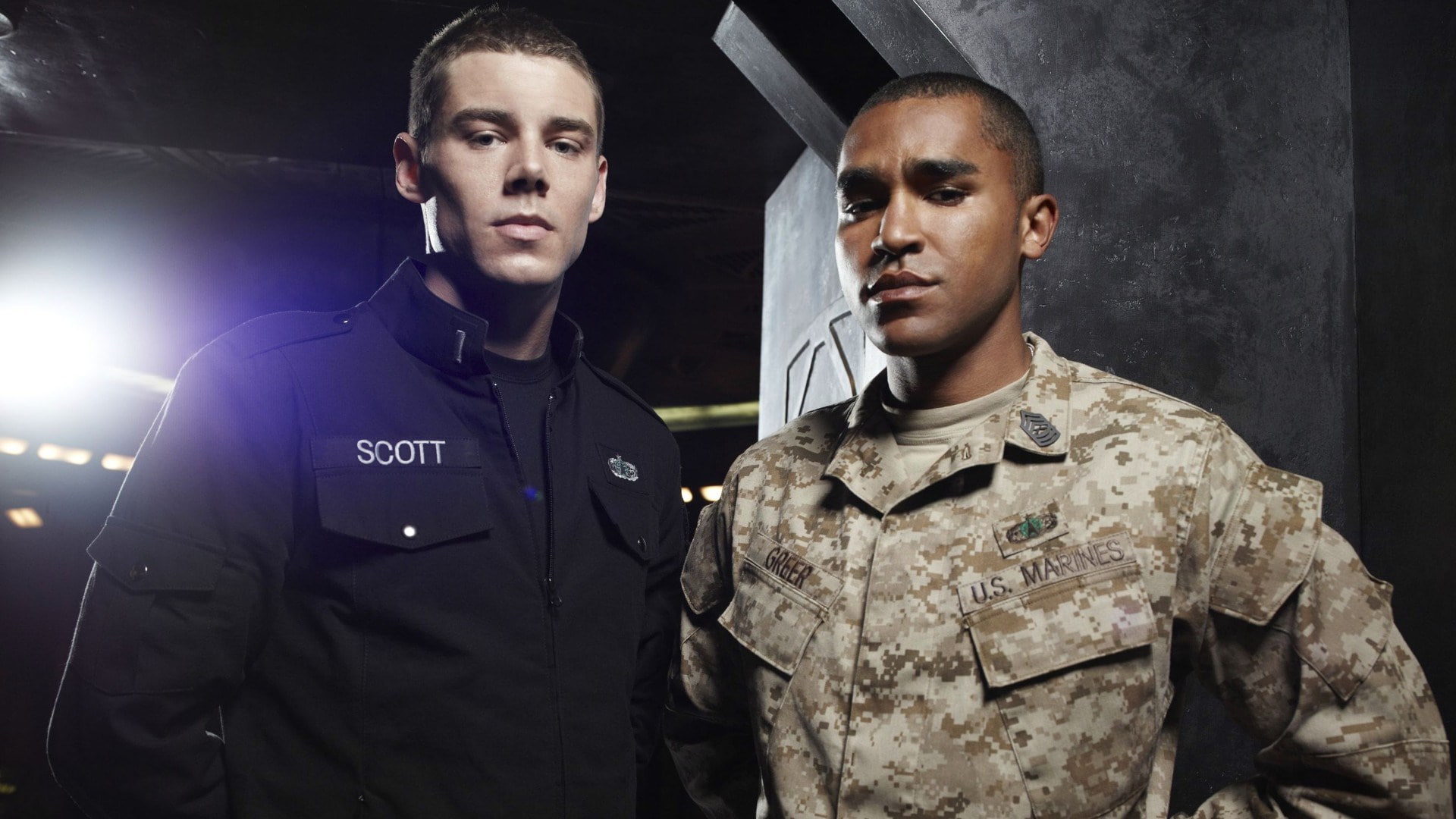uniform, standing, armed forces, 1080P, government, aggression, indoors, protection, adult, front view, looking at camera, two people, men, clothing, stargate universe, HD Wallpaper