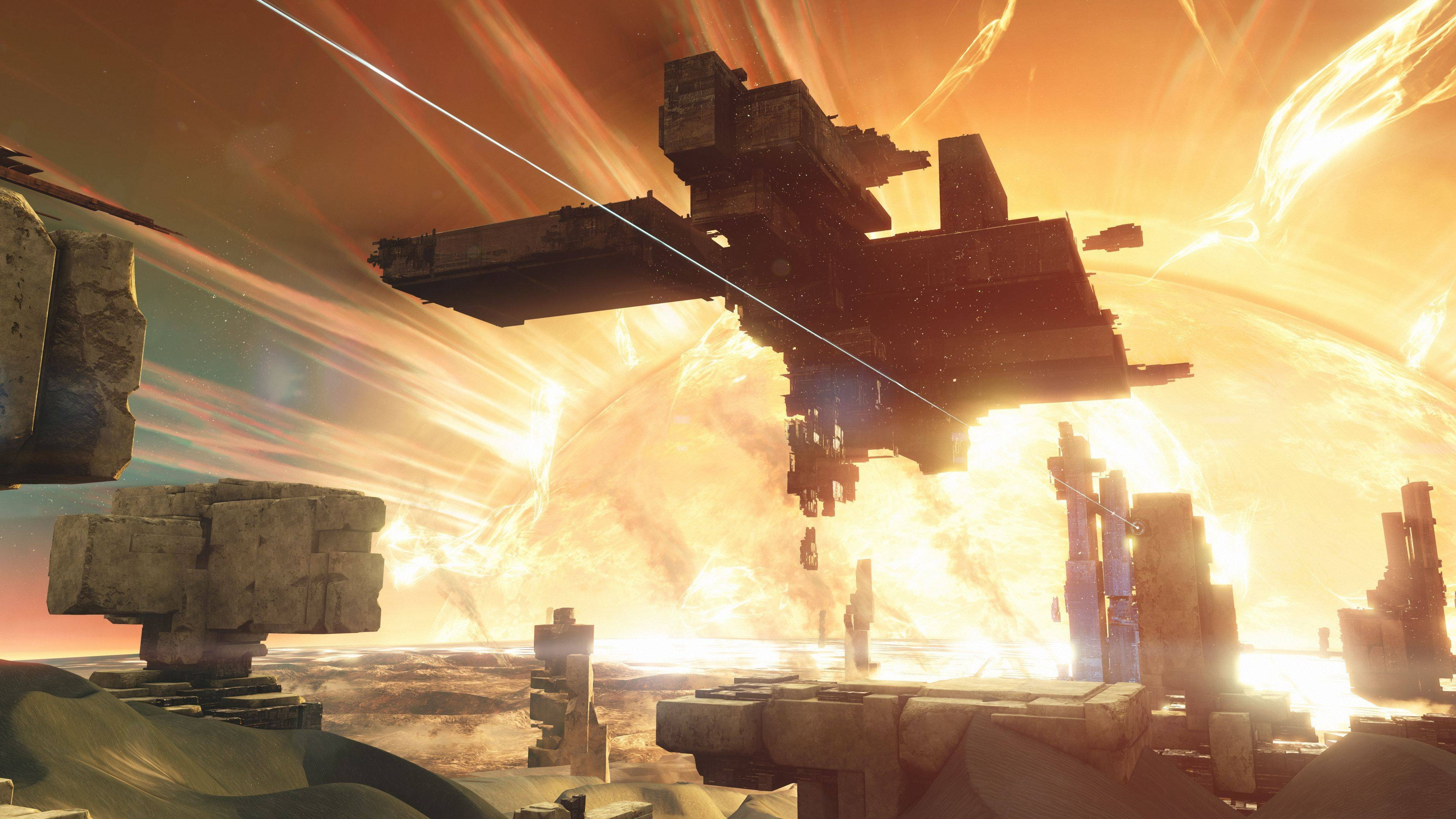 Fps, fi, occupation, rpg, sunlight, Destiny, sci, artwork, lens flare, 4K, sky, industrial equipment, nature, spaceship, heat - temperature, Fighting, HD Wallpaper