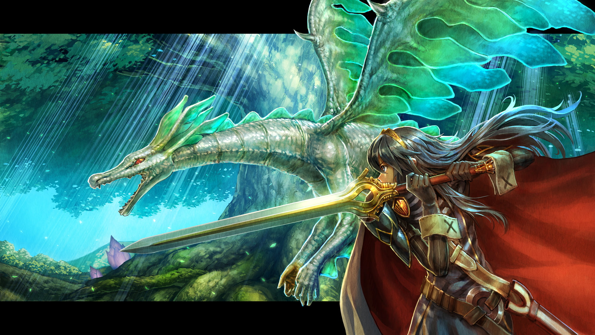 blue, black, eyes, tree, hair, dragon, headband, weapon, gloves, sword, emblem, armor, 1080P, cape, fire, carbohydratism, chiki, lucina, long, HD Wallpaper