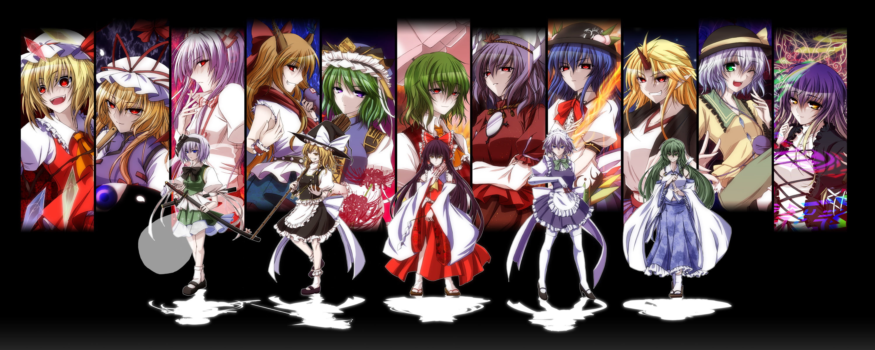 maid, sword, katana, miko, group, long, blue, umbrella, magic, gloves, ribbons, touhou, wink, fang, hat, dress, gray, red, eyes, fire, weapon, hair, 2K, HD Wallpaper