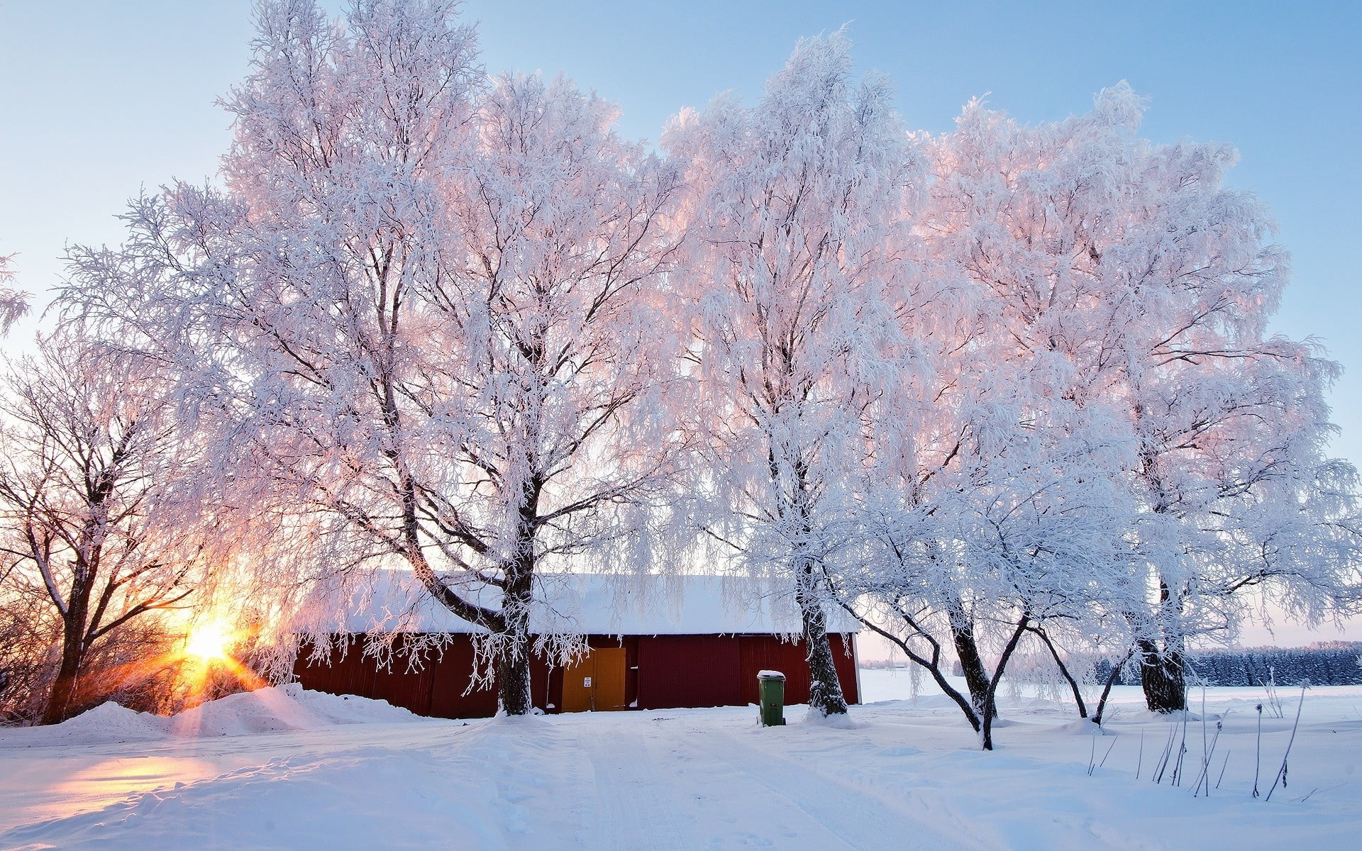 tranquil scene, outdoors, snowcapped mountain, building exterior, cold temperature, sky, wooden, 1080P, no people, house, barn, beauty in nature, trees, HD Wallpaper