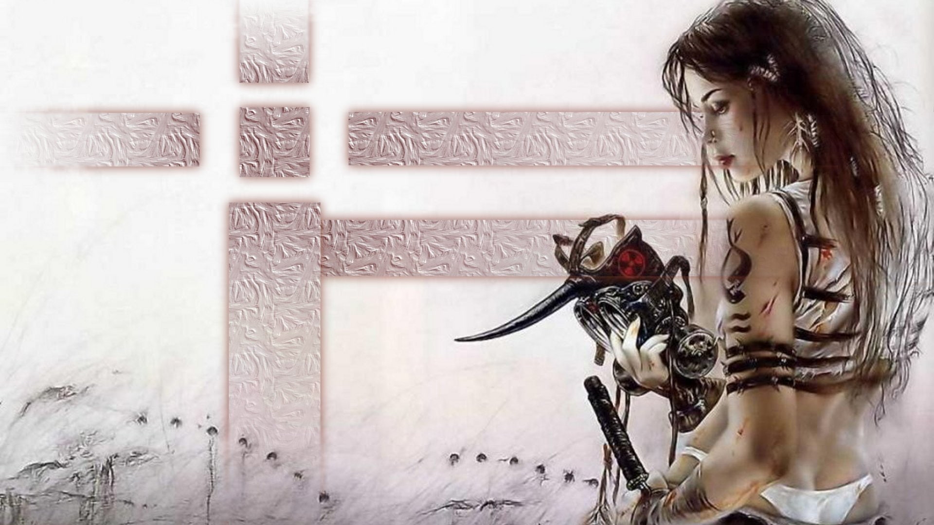 1080P, women, fantasy, mask, warriors, Gothic, girl, sword, tattoo, art, HD Wallpaper