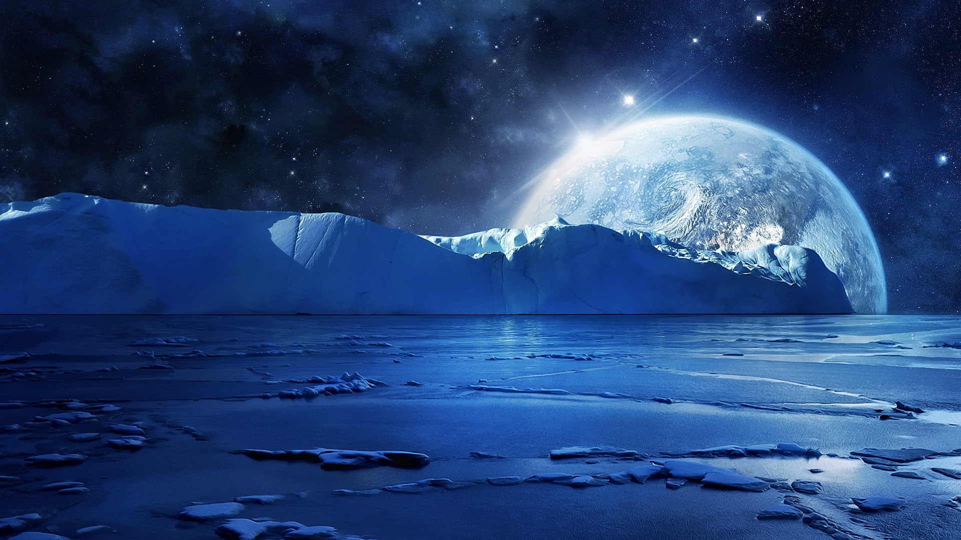 Night, Ice, Water, Cold, Stars, 1080P, Sea, Planets, Blue, HD Wallpaper
