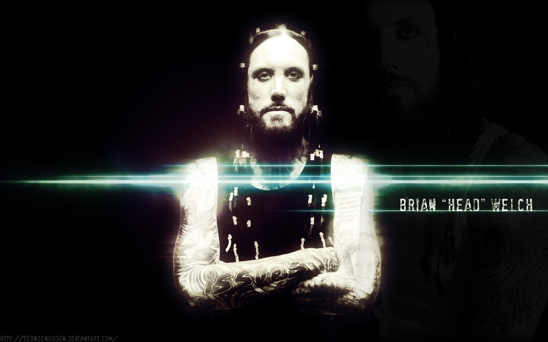 metal, hd, guitars, men, effect, Light, white, dude, tattoos, black, art, women, Green, korn, death, Blue, music, 1080P, head, beers, HD Wallpaper