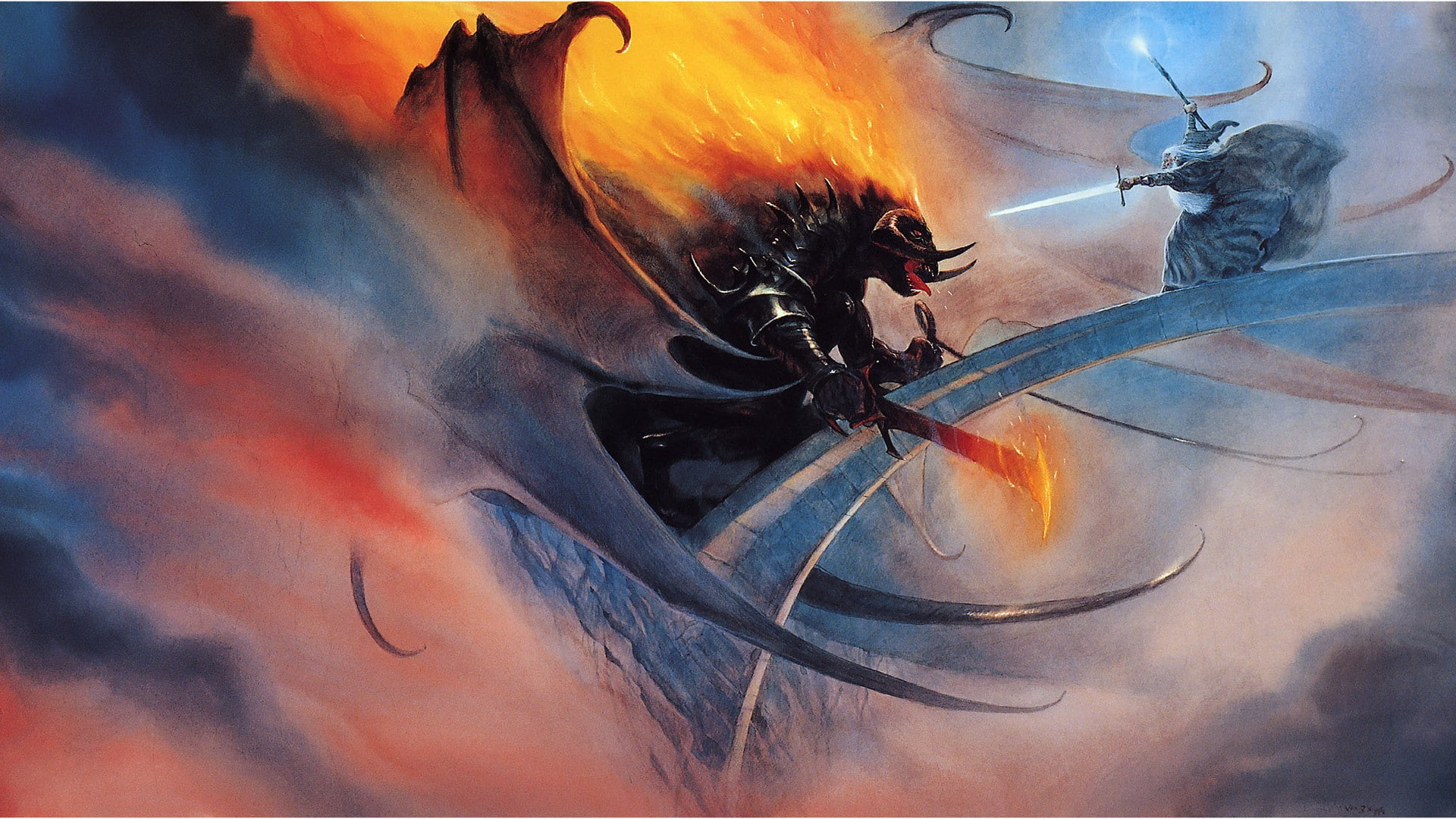 balrog, horns, hd, artwork, swords, 1080P, weapons, staff, abstract, demon, art, fight, fire, wings, gandalf, fantasy, magic, HD Wallpaper