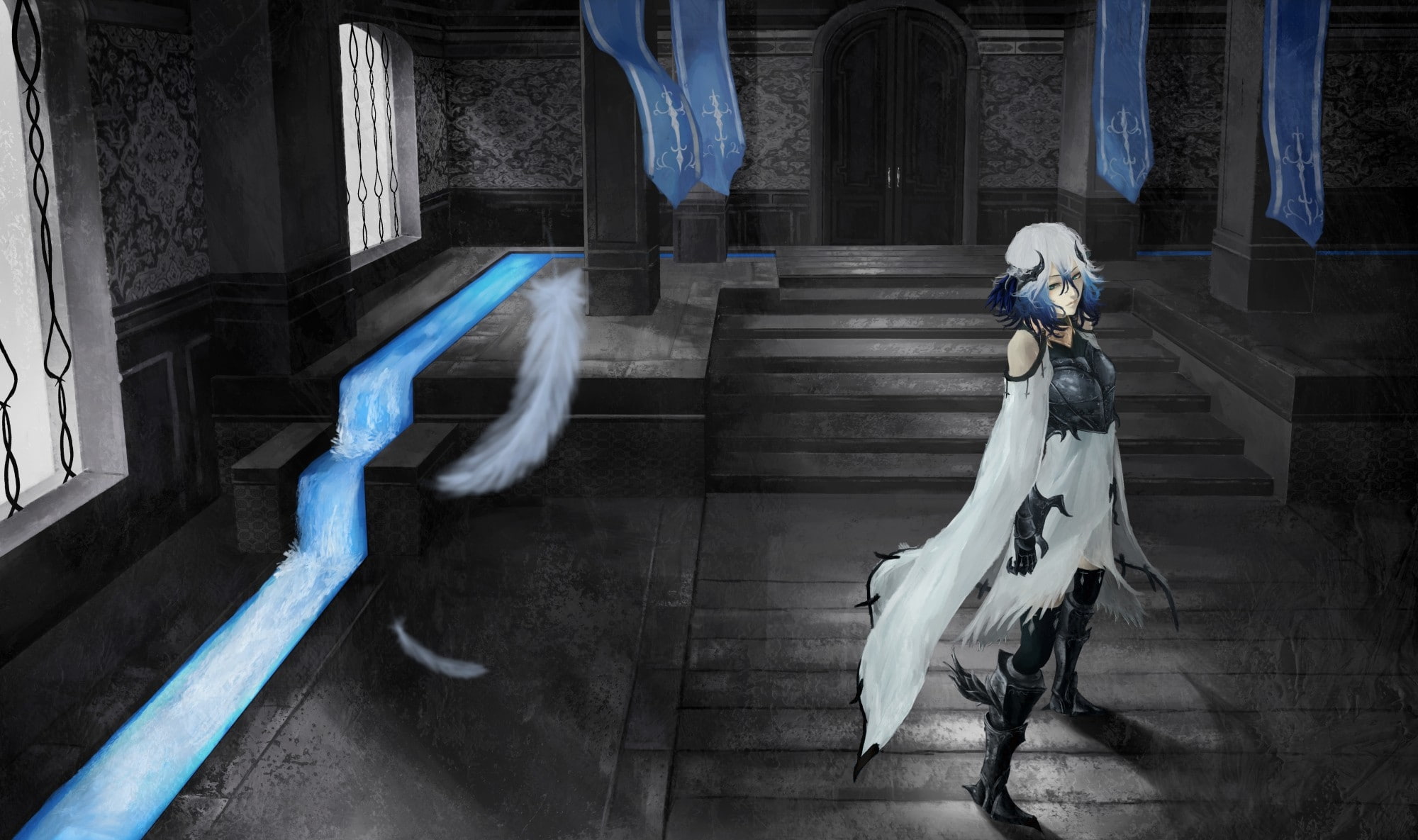 INDOORS, girls, gauntlets, flags, artwork, hd, Blue hair, blue, 1080P, art, white, akaikitsune, anime, rivers, nature, fantasy, hair, HD Wallpaper