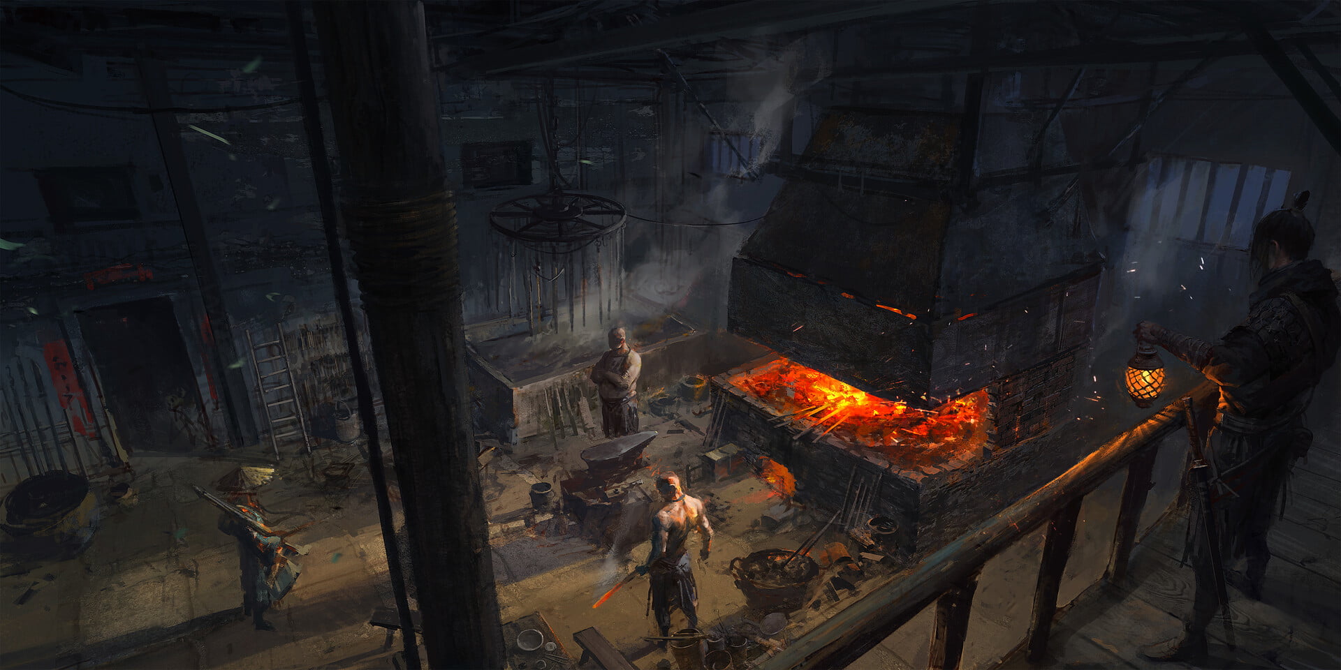 ovens, rifles, night, katana, Japanese, lantern, blacksmith, 1080P, blades, fire, anvil, HD Wallpaper