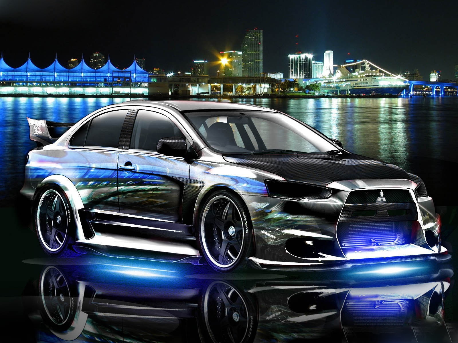 reflection, illuminated, vehicle, cityscape, mode of transportation, skyscraper, city, architecture, transportation, building, no people, Mitsubishi, building exterior, HD Wallpaper