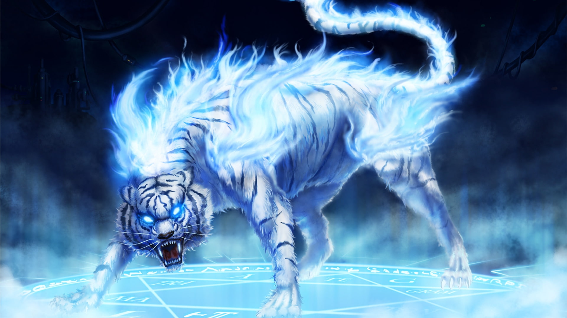 1080P, artwork, hd, ice, art, tigers, flames, x, background, blue, HD Wallpaper