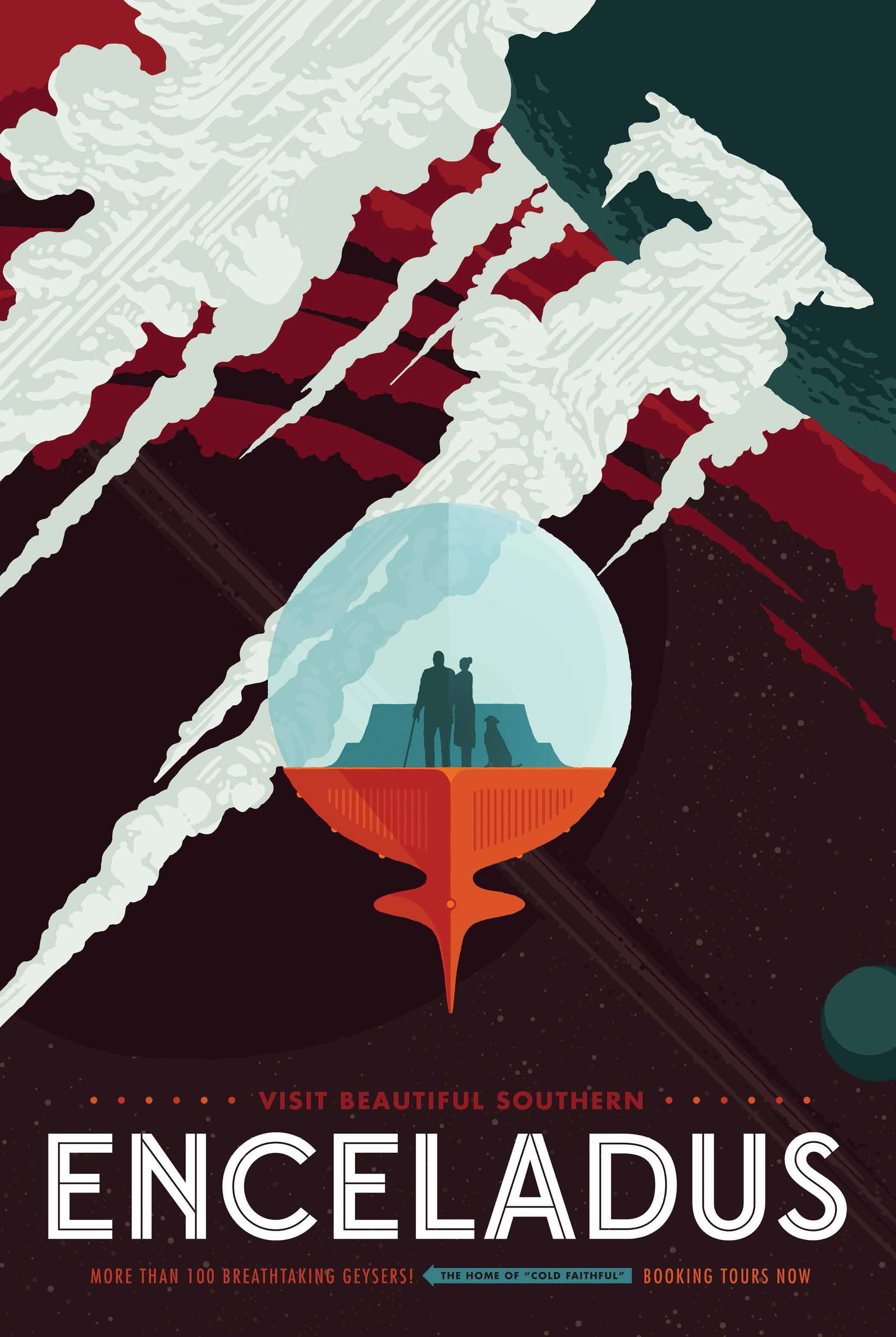 JPL (Jet Propulsion Laboratory), NASA, Enceladus, space, planet, 2K, science fiction, Travel posters, material style, Phone HD Wallpaper