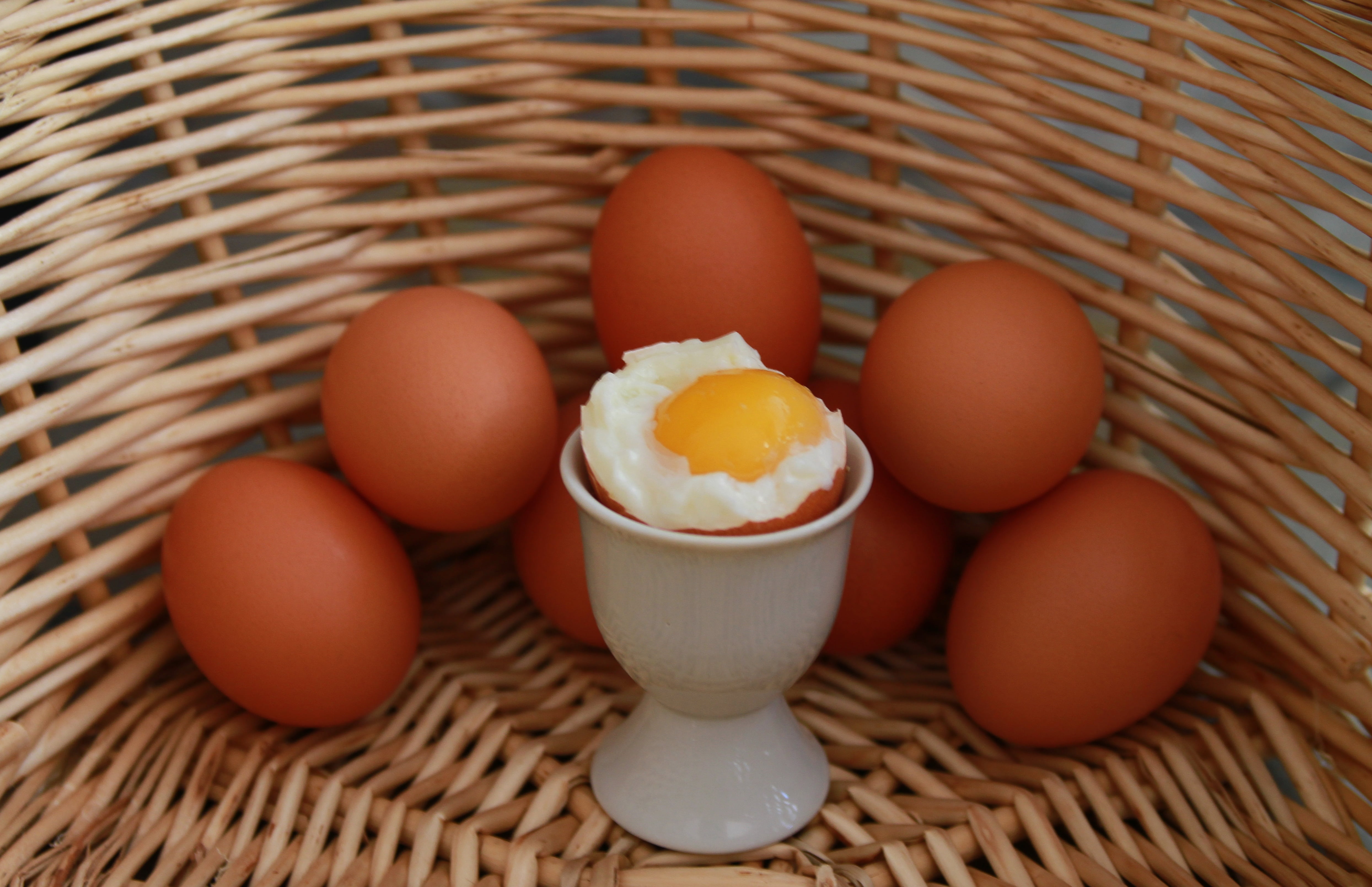 eggs, soft boiled egg, food and drink, chicken, container, no people, 4K, raw food, egg white, yolk, basket, brown brown egg, eggcup, egg yolk, meal, table, HD Wallpaper