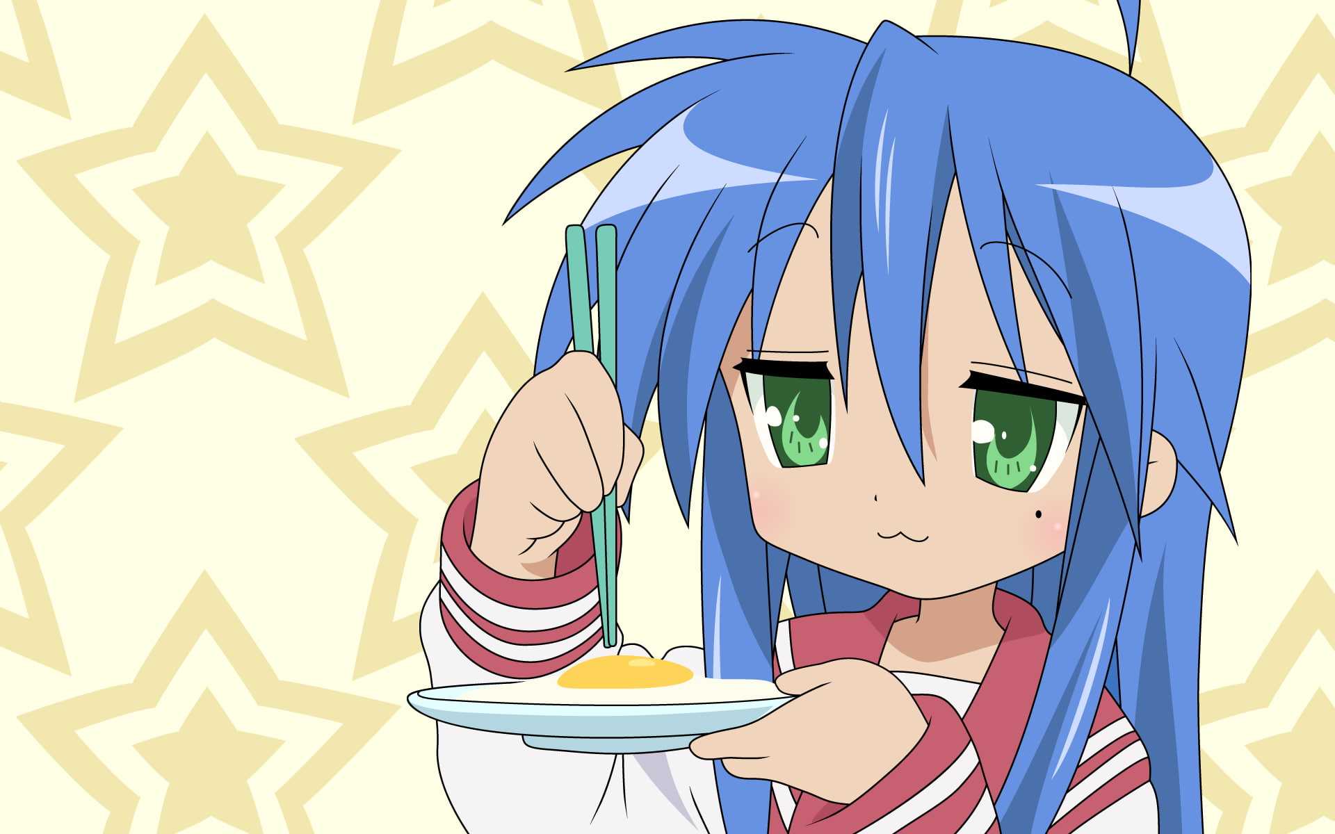 1080P, anime girls, Izumi Konata, Lucky Star, eggs, blue hair, anime, green eyes, HD Wallpaper