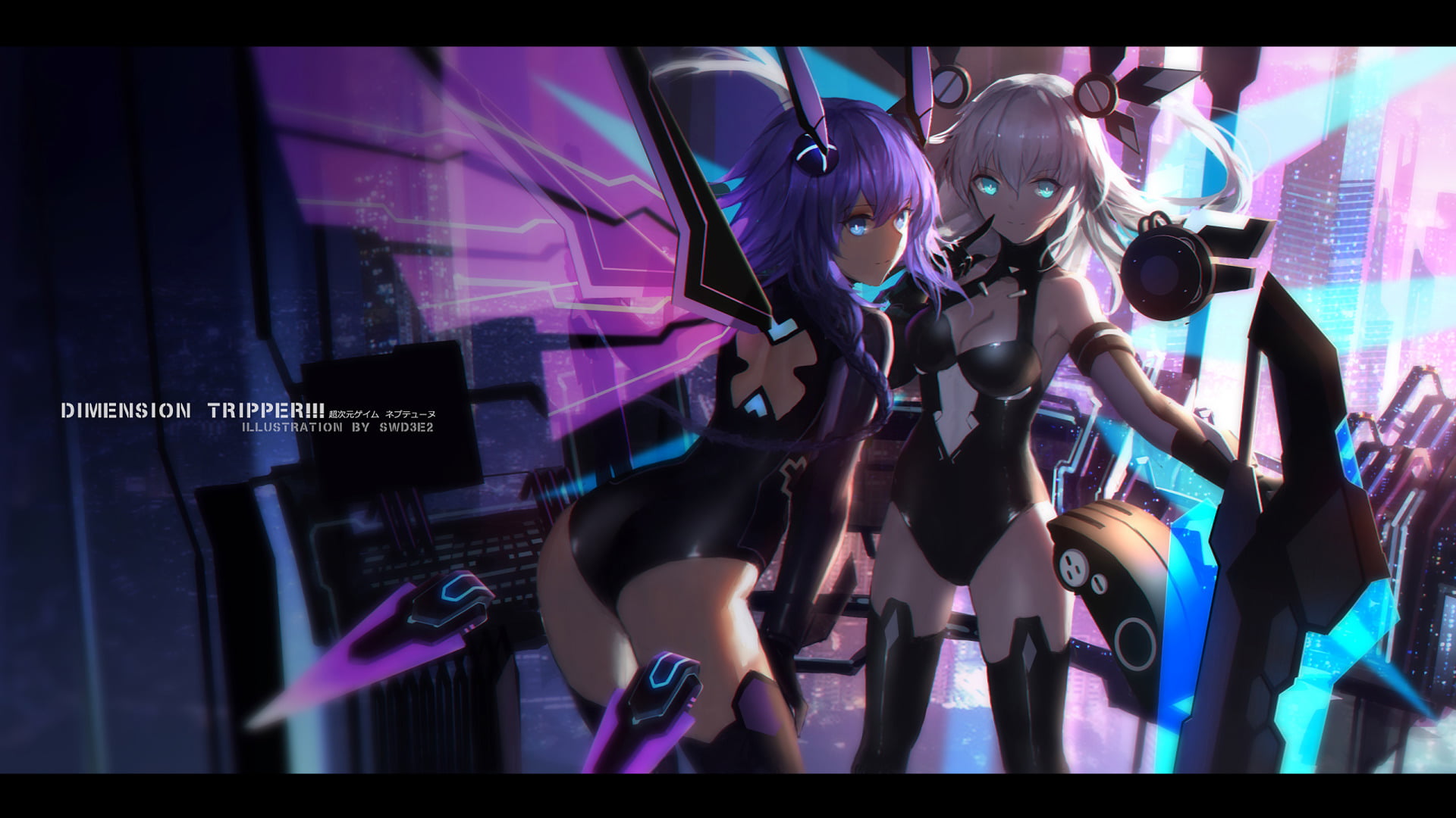 Noire (Hyperdimension Neptunia), young adult, night, arts culture and entertainment, 1080P, women, transfer print, Video Game, music, nightlife, lifestyles, HD Wallpaper