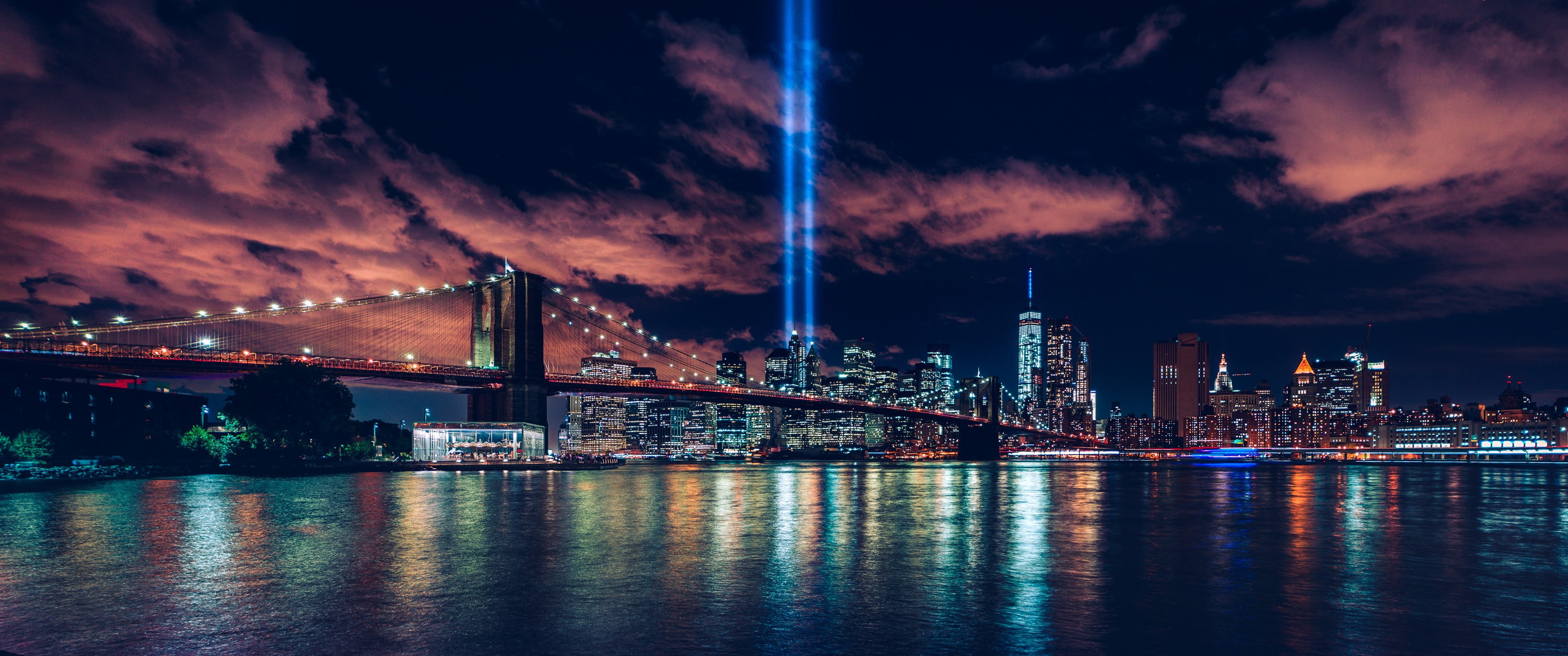 city lights, night, New York City, horizon, night sky, cityscape, 2K, HD Wallpaper