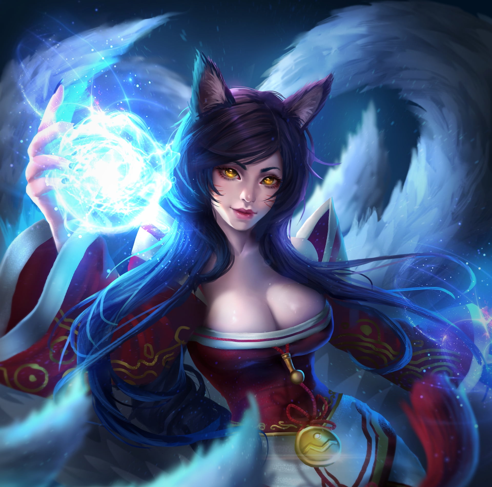 fox, real people, human representation, female likeness, indoors, creativity, 1080P, luminos, red, blue, Ahri, fantasy, celebration, looking at camera, HD Wallpaper