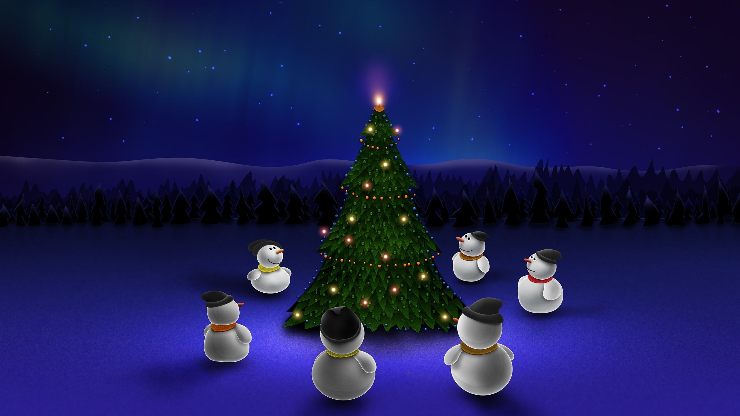 stars, trees, 2K, snowmen, christmas lights, Christmas, Christmas Tree, HD Wallpaper